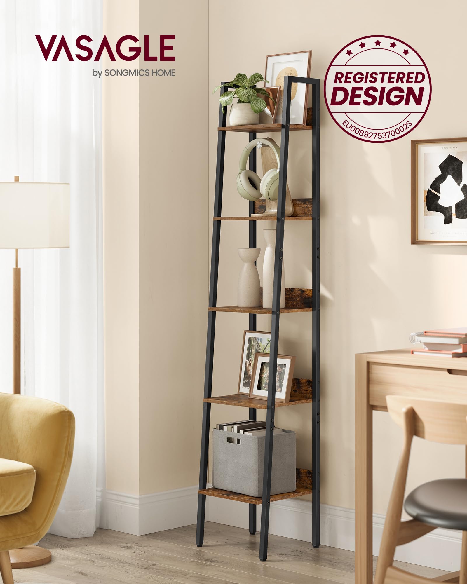 VASAGLE 5-Tier Ladder Bookcase Storage Stand | Rustic Brown & Black | Industrial Style | 50kg Capacity 4