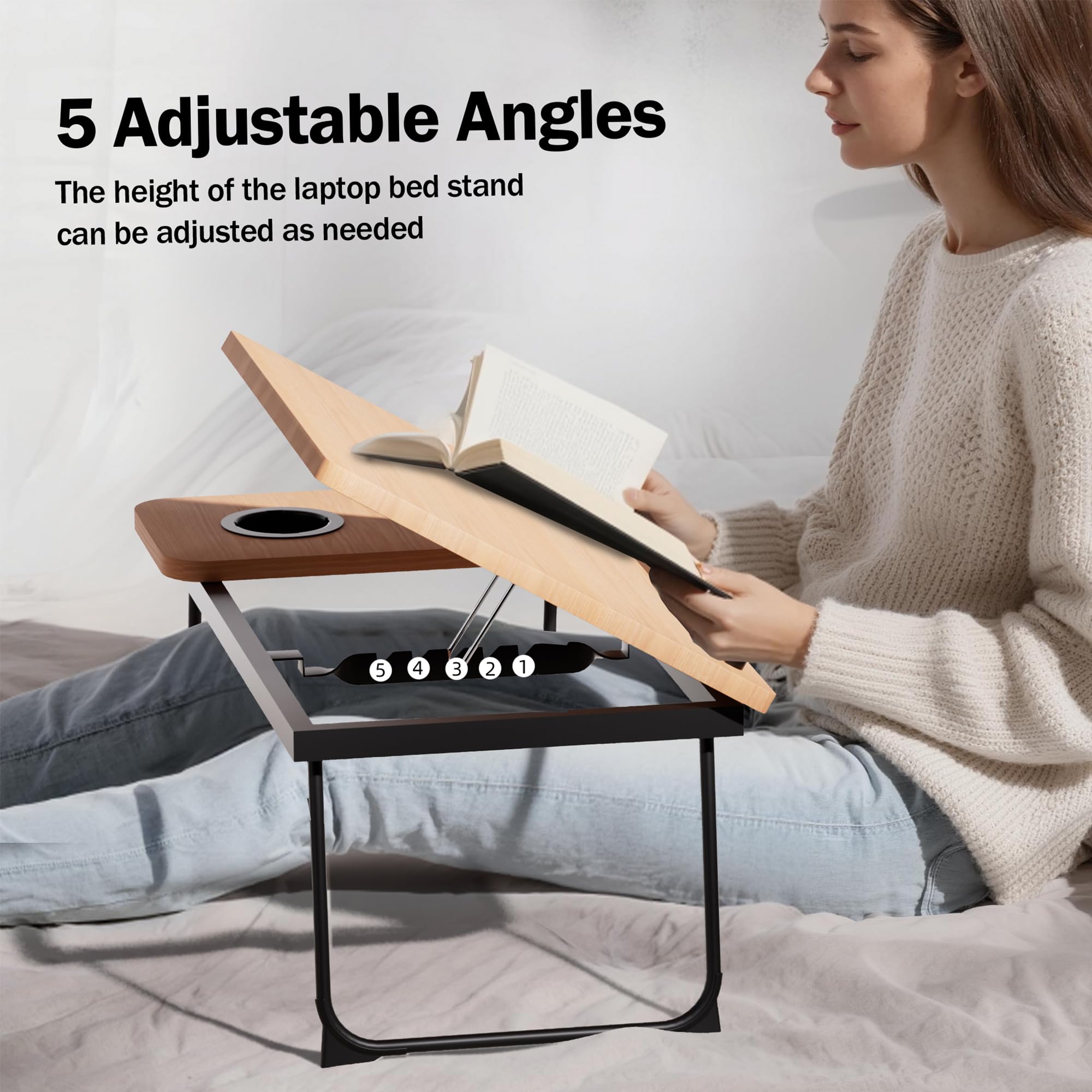 Vivo Technologies Walnut Laptop Bed Desk with Foldable Legs & Cup Slot | 56x33x24cm