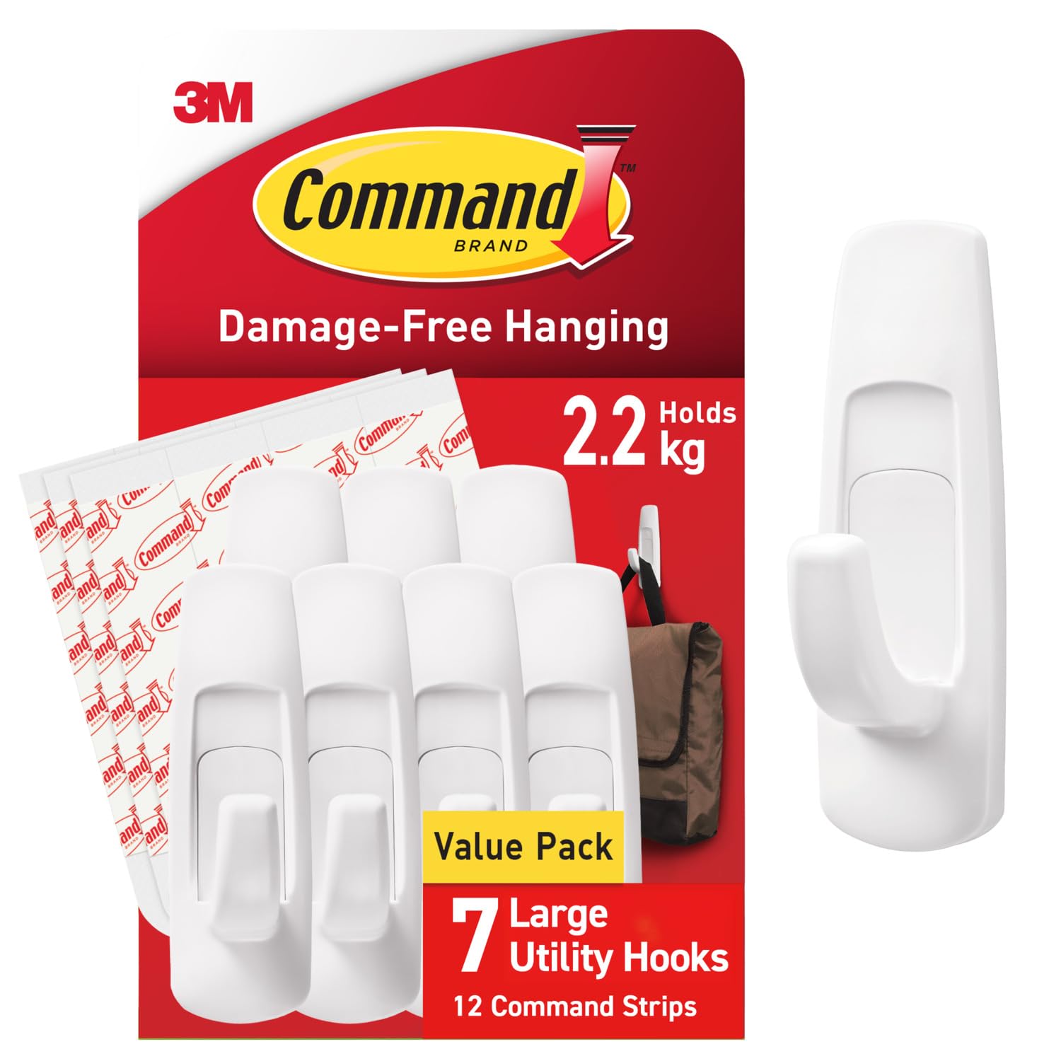 Command Large Utility Hook - Damage-Free Hanging | Holds 2.2 kg | White Plastic | 7 Hooks 1