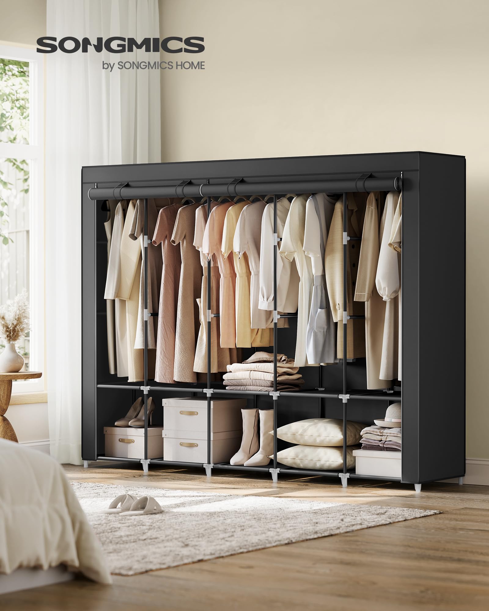 SONGMICS Portable Clothes Wardrobe - 5 Hanging Sections | Ink Black | Steel Frame 2