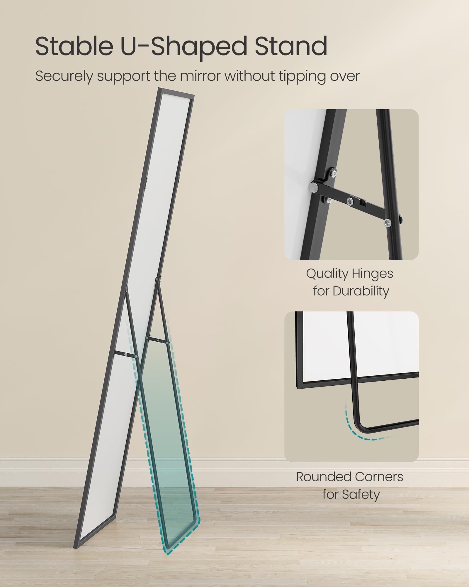 SONGMICS Full Length Floor Mirror - 160x50 cm | Freestanding or Wall-Mount | Matte Black Aluminium Frame 4