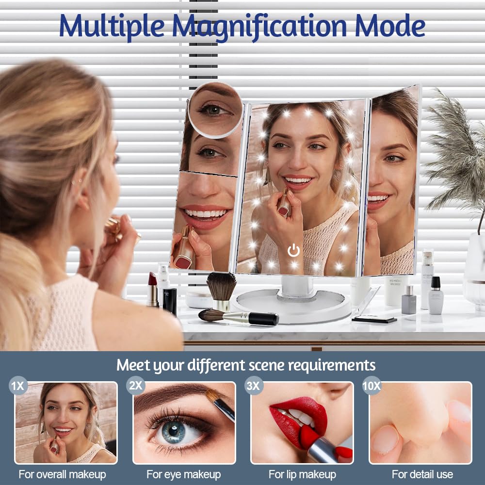 Woobroo Lighted Makeup Mirror - 22 LED, 1x/2x/3x/10x Magnification, Touch Dimmable | White 3