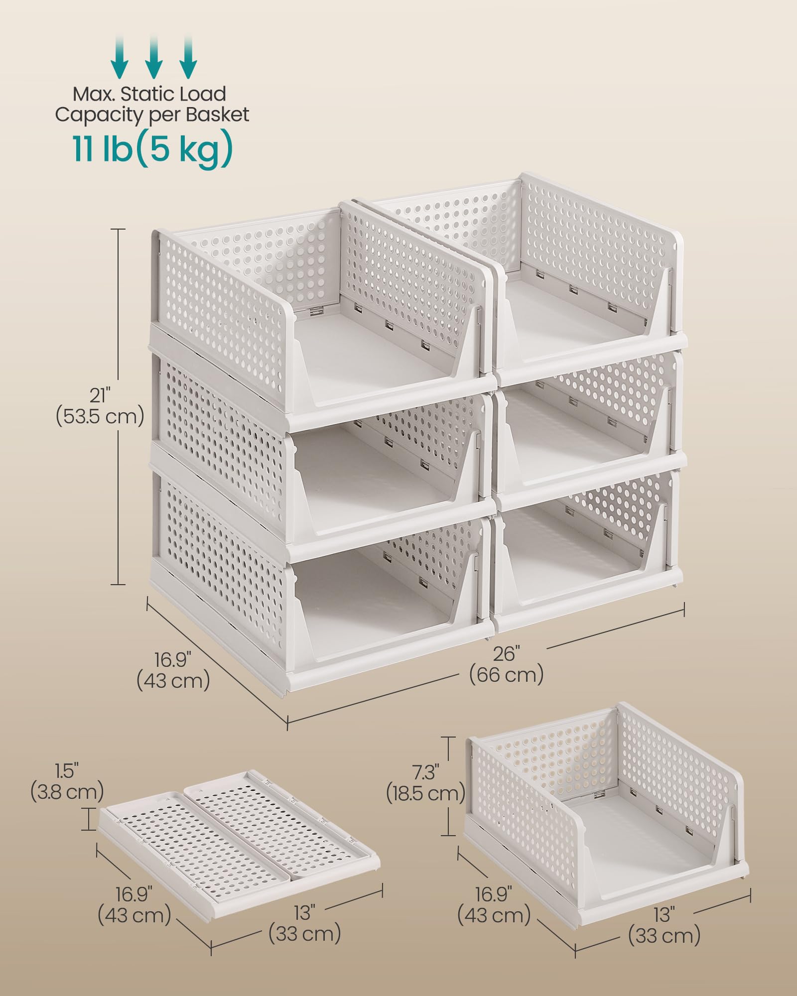 SONGMICS Stackable Wardrobe Storage - Set of 6 Foldable Closet Organisers | White Polypropylene 2