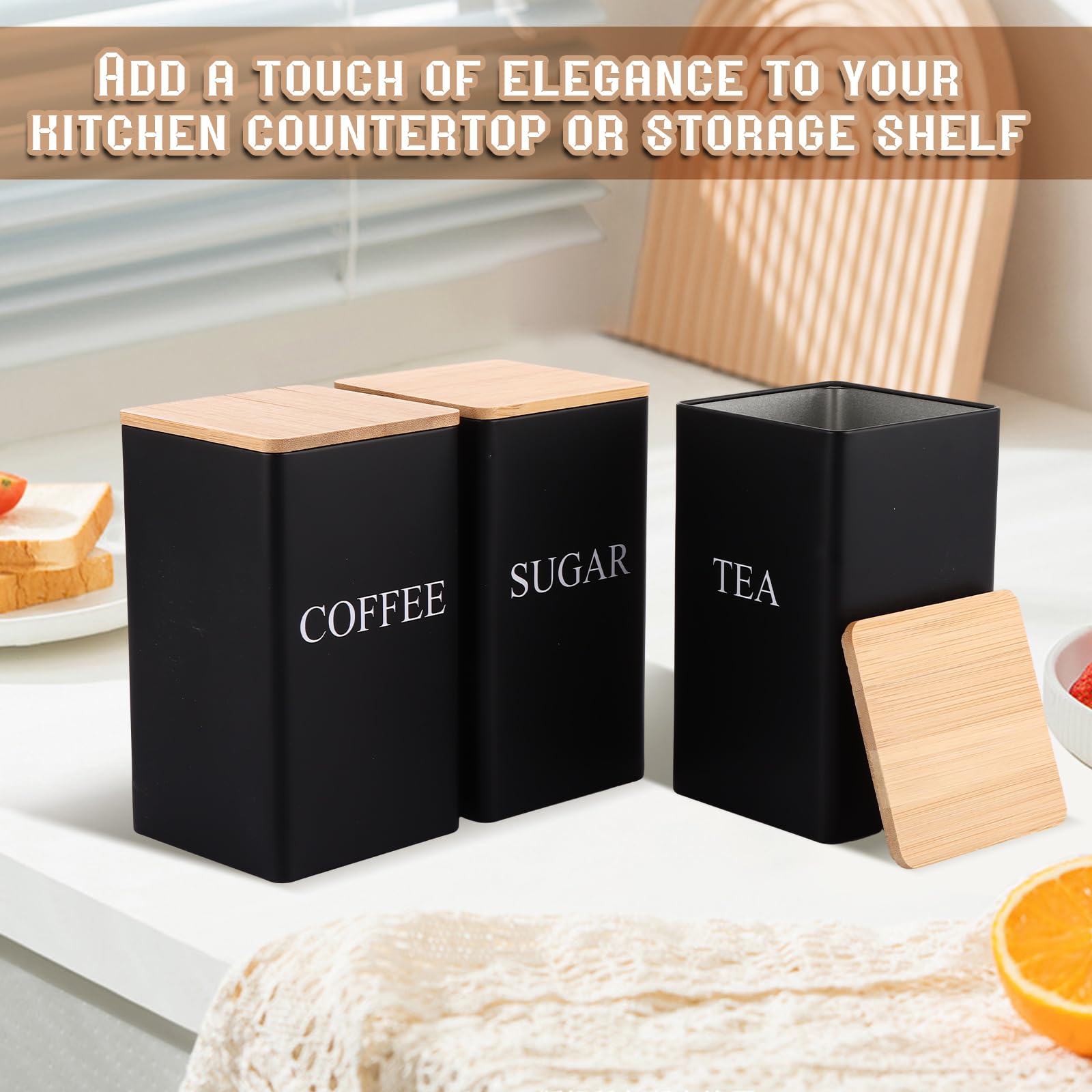 ASelected 3-Piece Metal Canister Set - 1L Airtight Storage for Coffee, Tea, Sugar | Square Black 5
