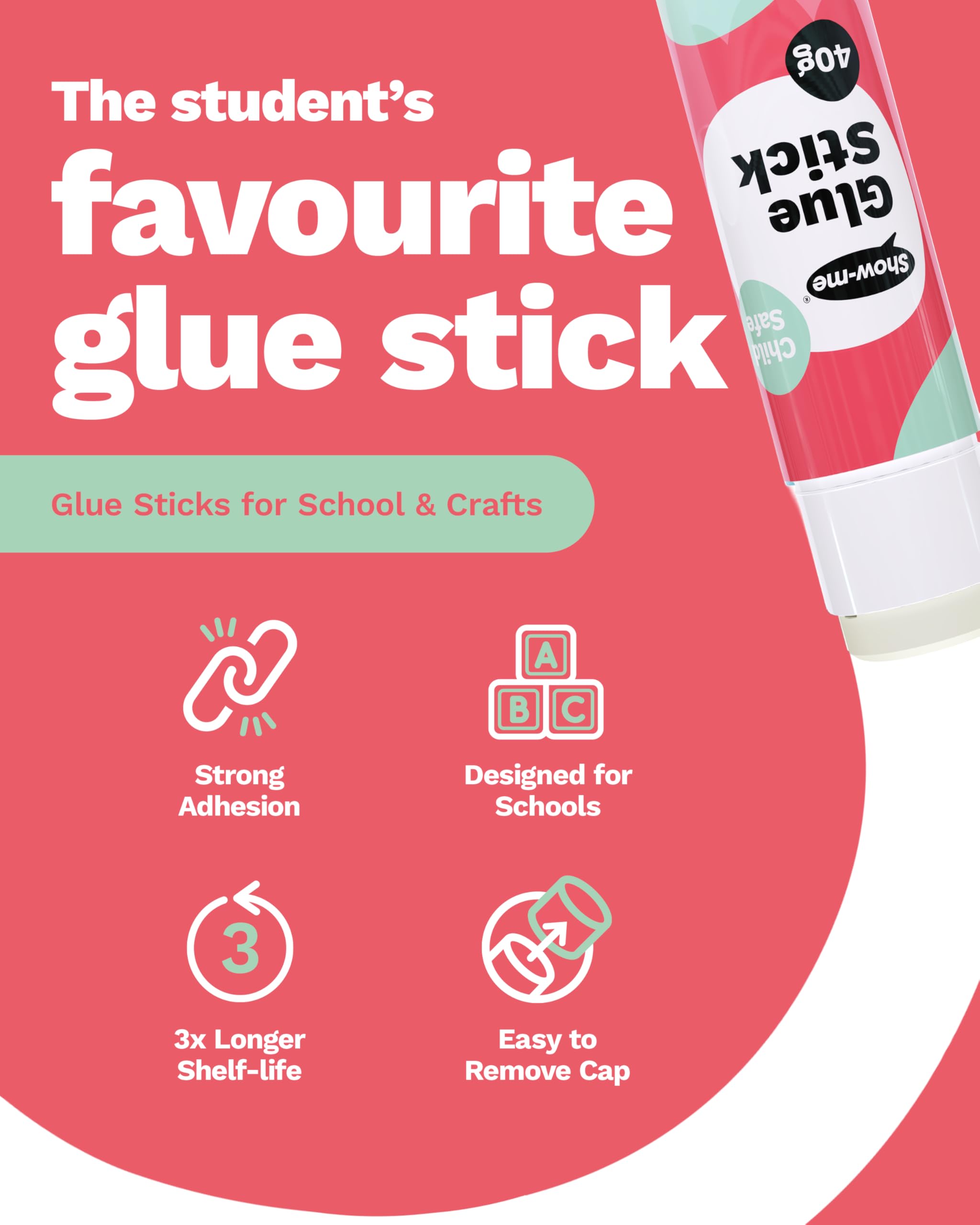 SHOW-ME Classmaster Glue Sticks - 40g Child-Safe Paper Glue | 12 Pack | Washable PVP Formula