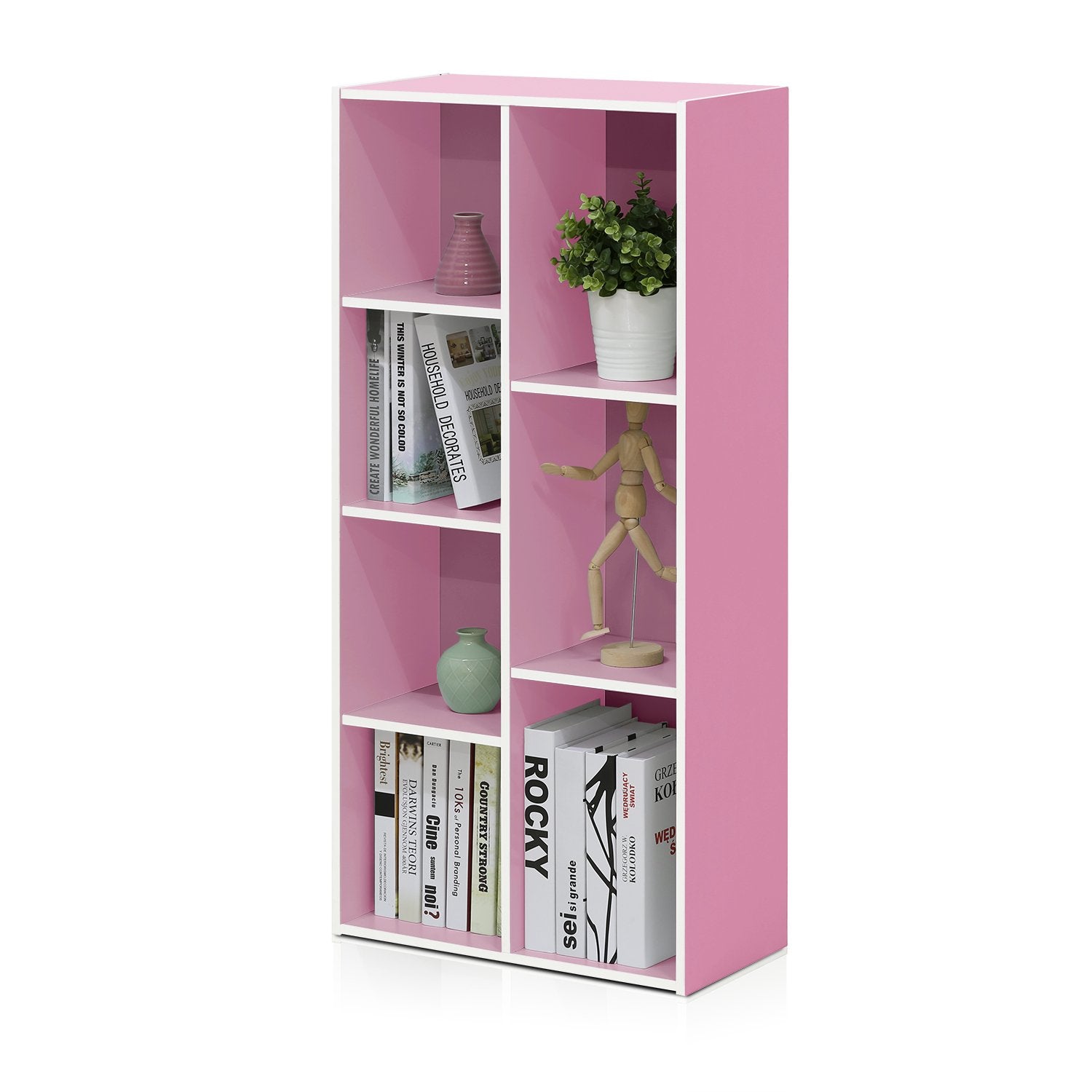 Furinno LUDER 7-Cube Book Shelf - Functional Storage | Engineered Wood | White/Pink 1