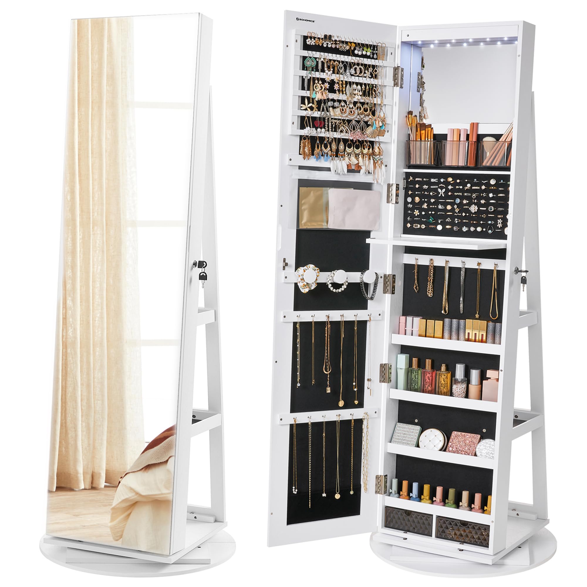 SONGMICS 6 LED Mirror Jewellery Cabinet - 360° Swivel, Lockable, Full-Length Mirror | White/Black 1