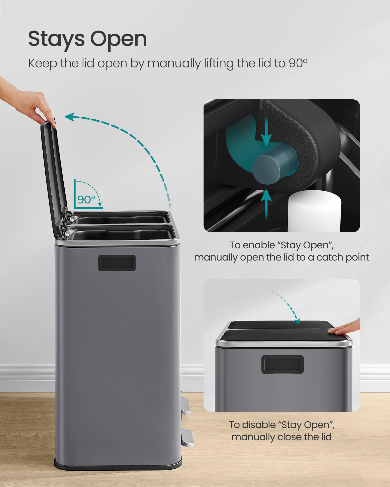 SONGMICS Dual Rubbish Bin - 2 Compartments, 2 x 30L, Soft Closure, Pedal Operated | Slate Grey 5