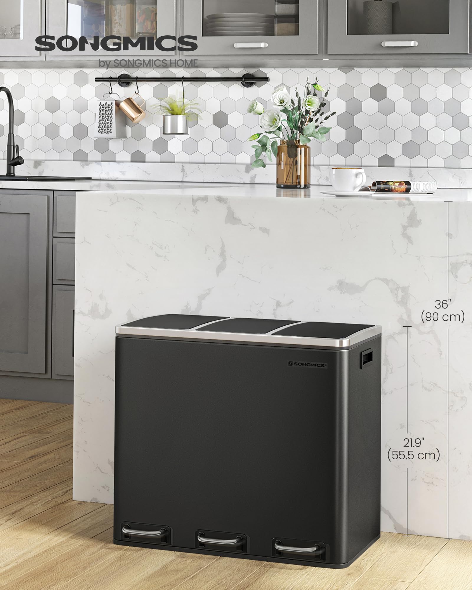 SONGMICS Kitchen Bin - 3 Compartment Recycling System, 54L Total (3 x 18L) | Soft-Close Lids | Steel 2