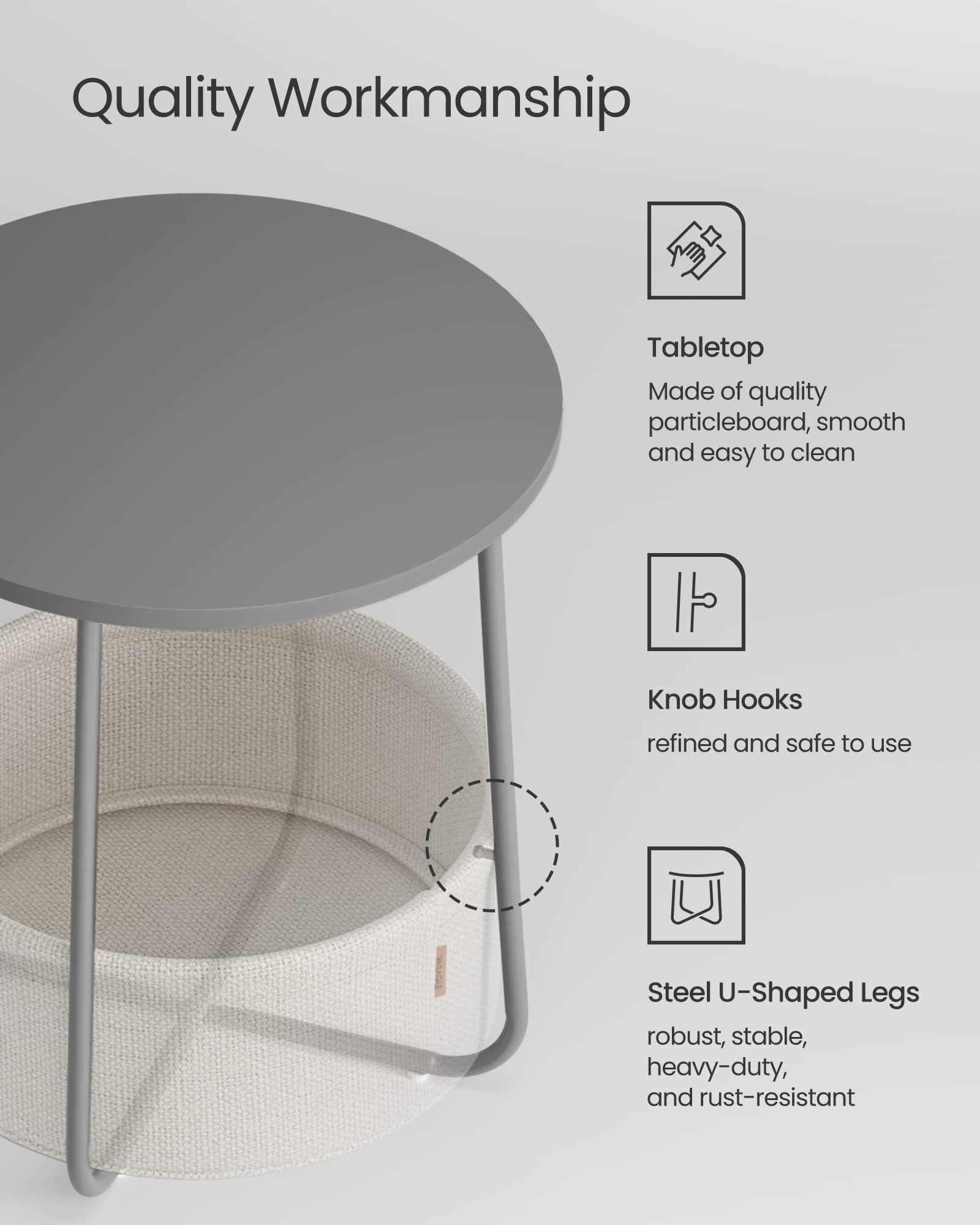 VASAGLE Round End Table with Fabric Basket - Cement Grey/Cloud White | 45 x 50 cm | Space Saving 5