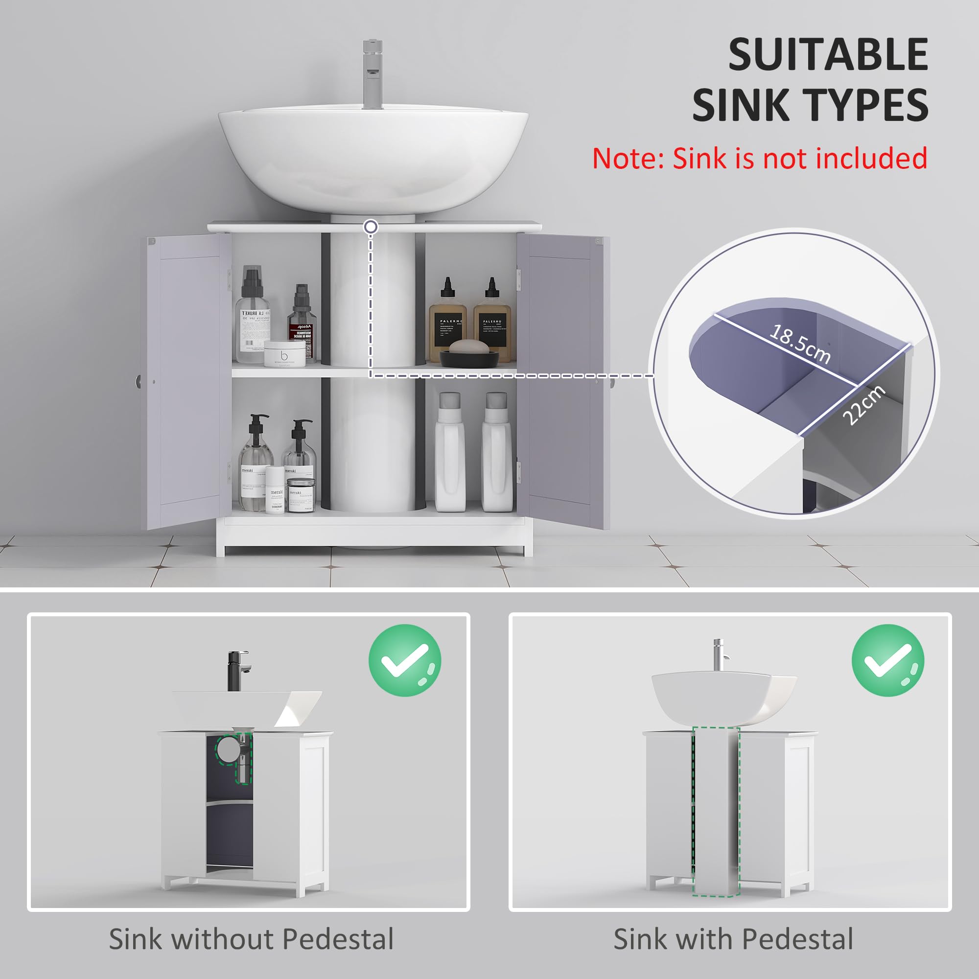 kleankin Freestanding Under Sink Bathroom Cabinet - 60H x 60L x 30Wcm | MDF | White/Grey 4