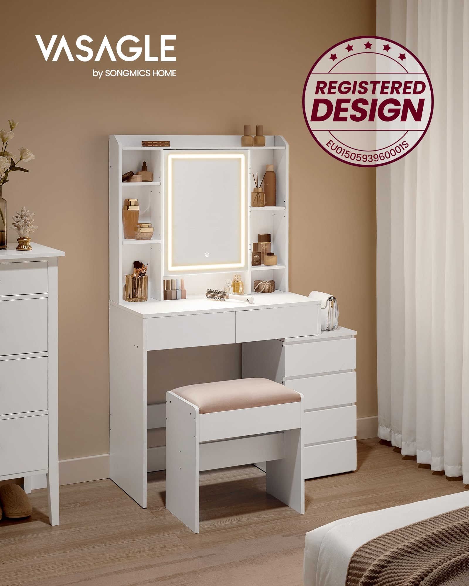 VASAGLE KAILYN Collection Dressing Table with LED Lights | Cloud White | 97.5D cm 2