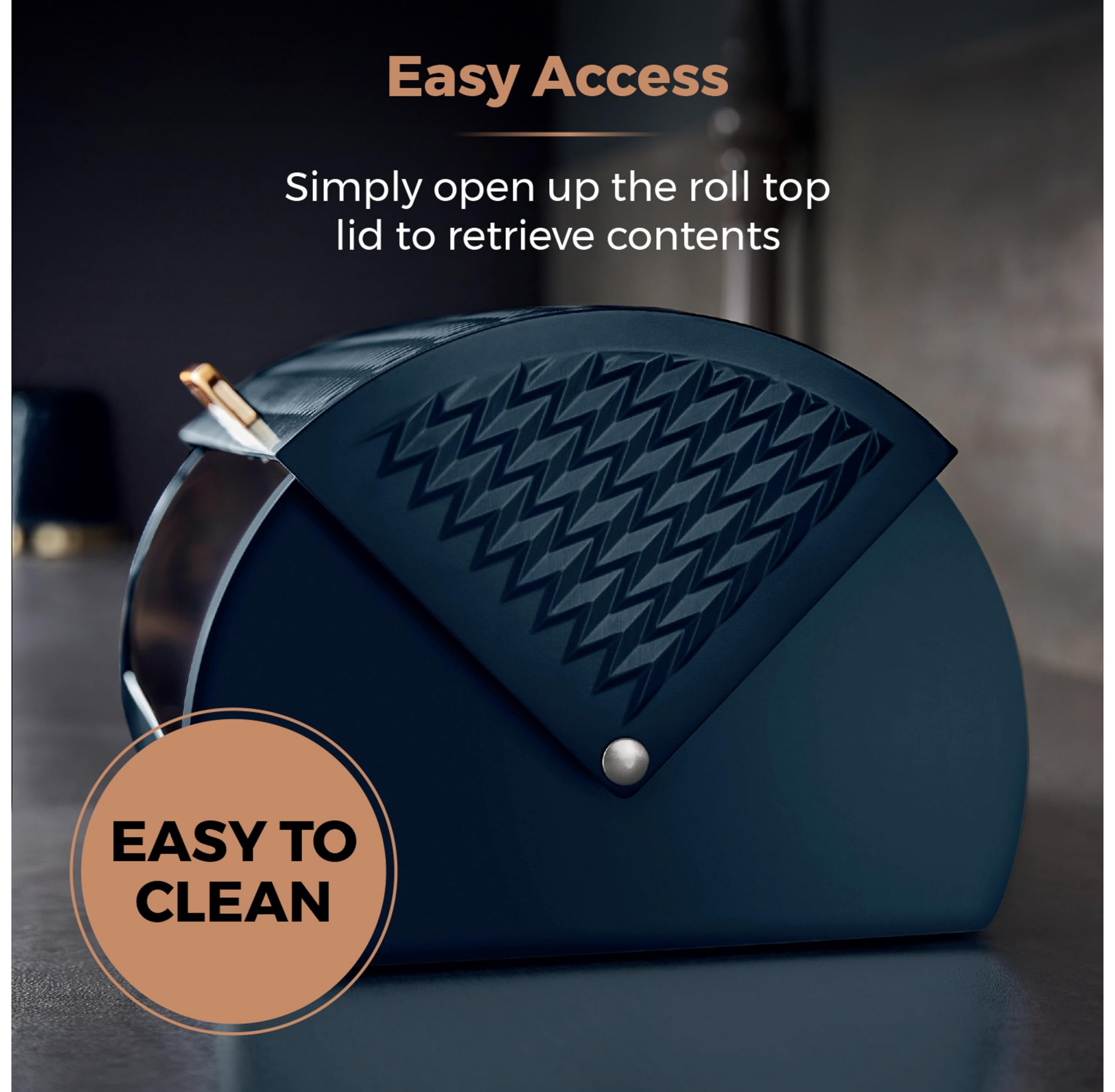 Tower Empire Roll Top Bread Bin - Art Deco Design | Stainless Steel | Midnight Blue & Brass 5