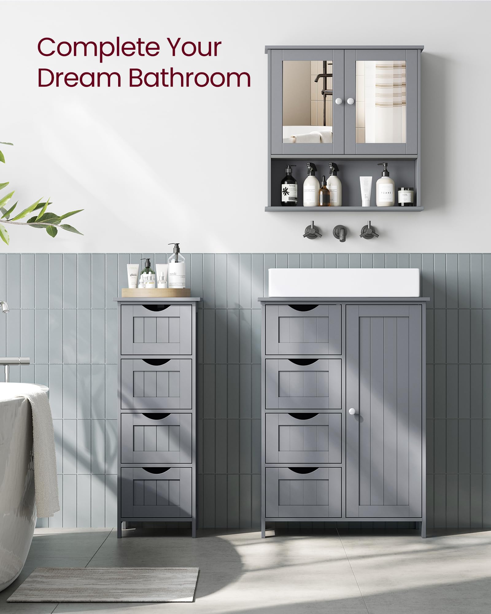VASAGLE Bathroom Mirror Cabinet with 2 Mirrored Doors | Dove Grey | 13D x 56.5W x 58.5H cm 6
