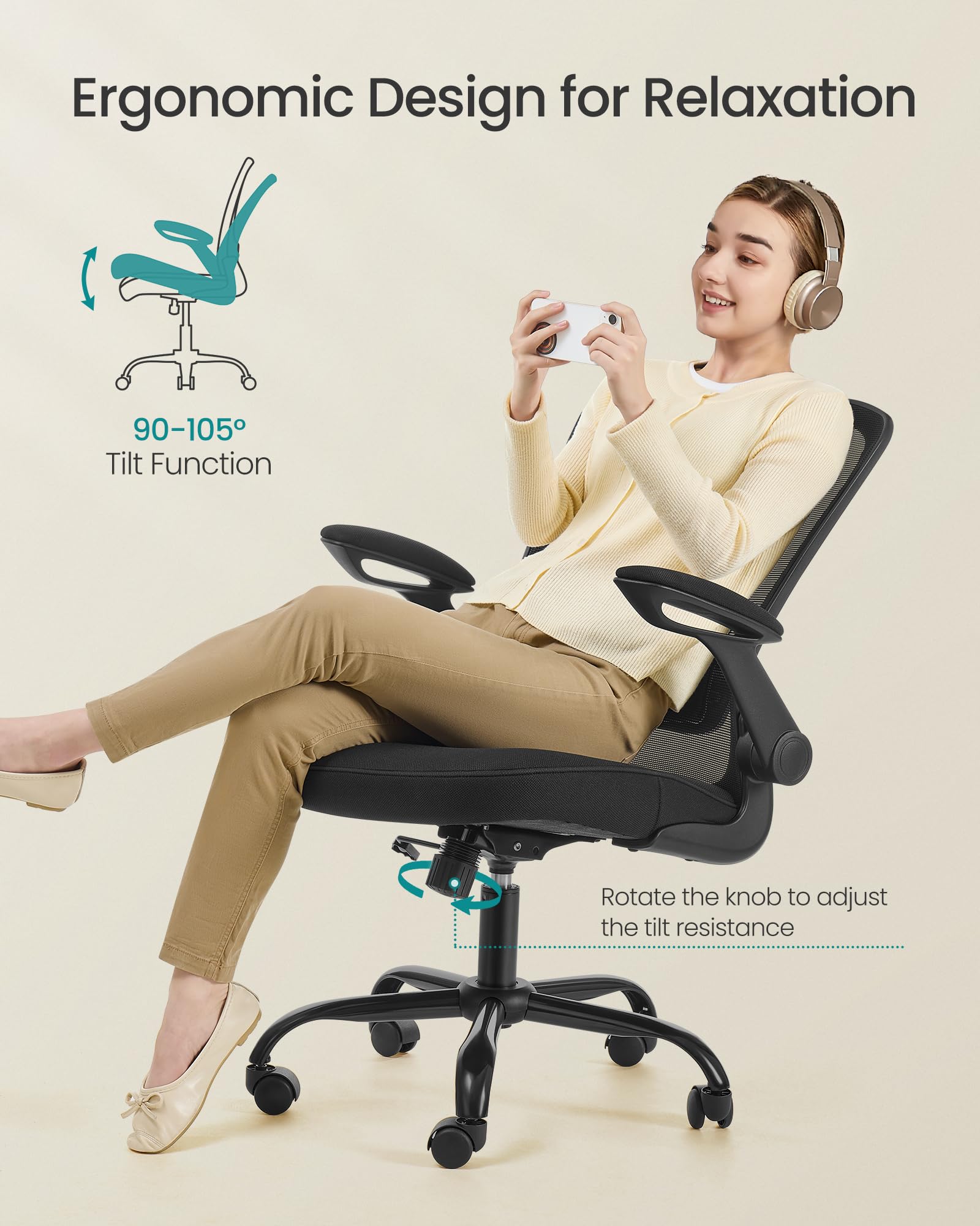 SONGMICS Ergonomic Mesh Back Desk Chair with Adjustable Lumbar Support and Flip-Up Armrests | Black 7