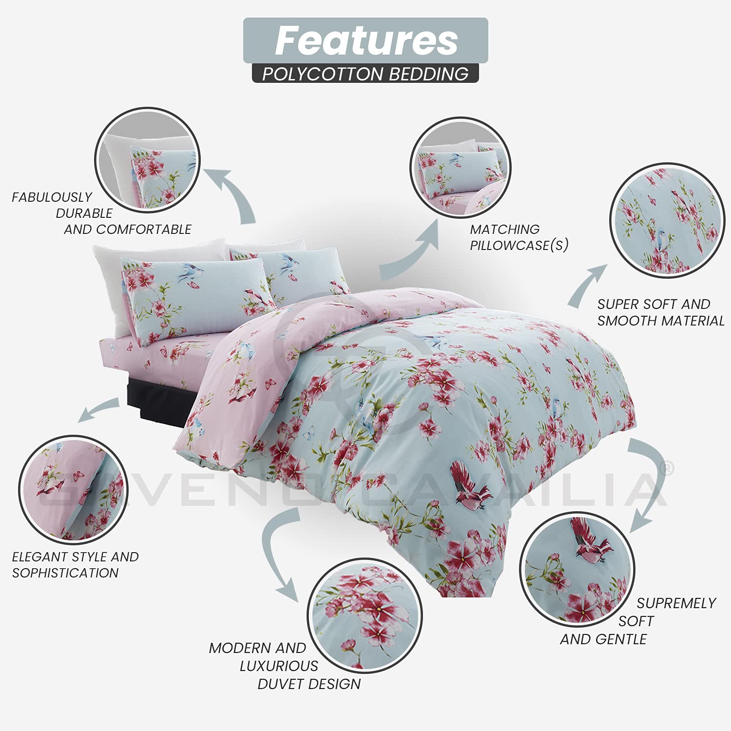 GC GAVENO CAVAILIA Premium Floral Duvet Cover Set - Reversible Blossom Design | Double Size | Polycotton 3