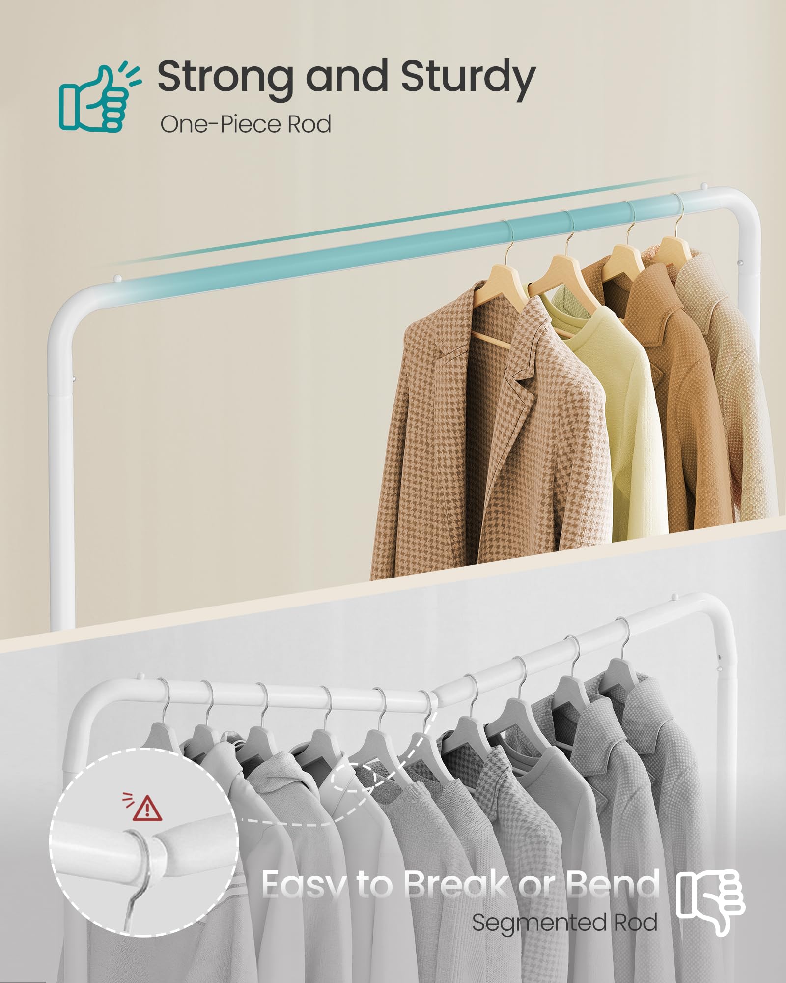 SONGMICS Clothes Rack on Wheels - 110cm Wide, 50kg Capacity, Matte White Steel 3