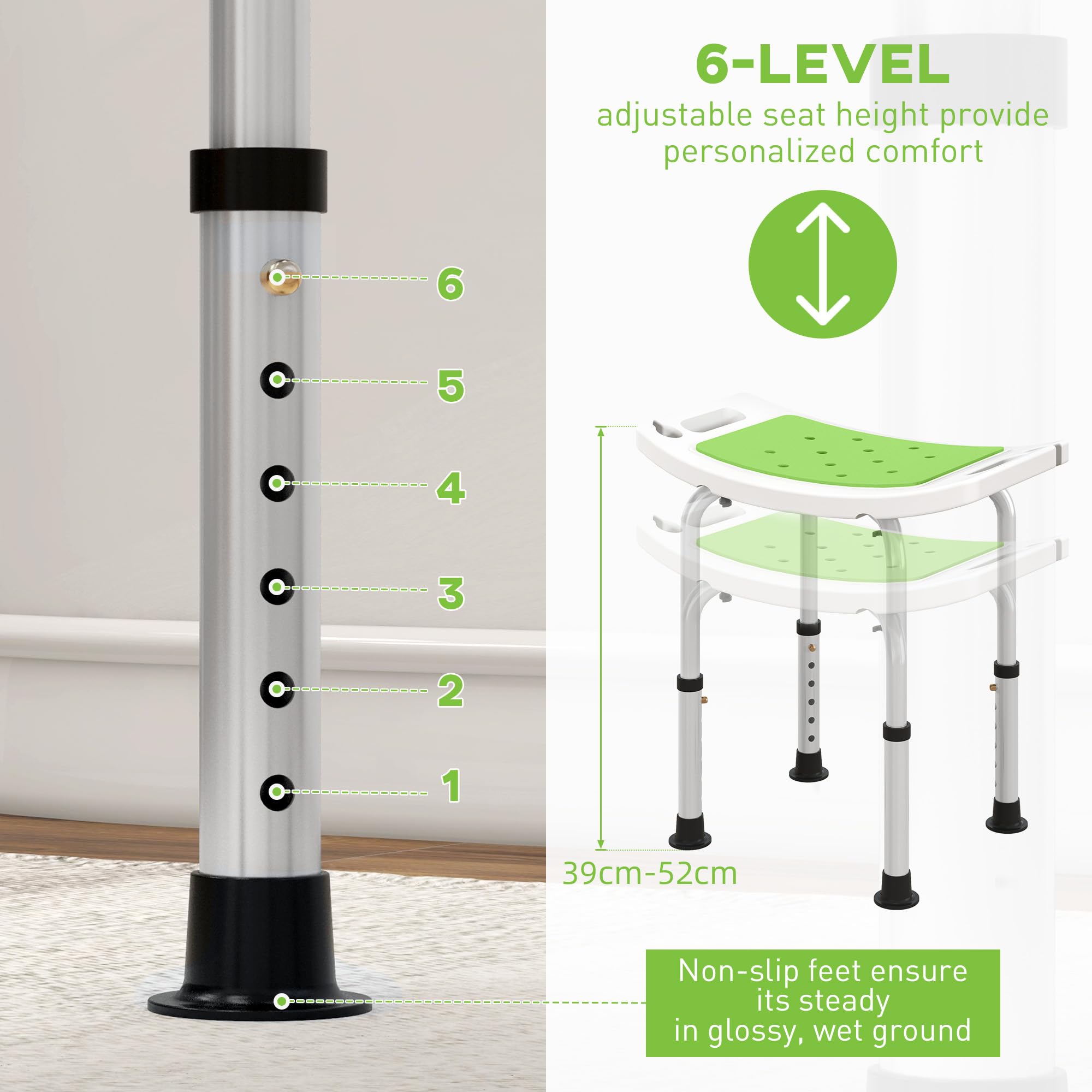HOMCOM Shower Chair - Adjustable Height (39-52cm) | Aluminium Frame | Max Load 135kg | Green 5