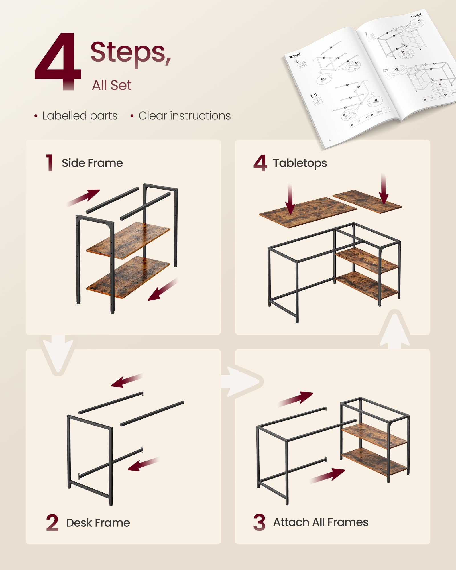 VASAGLE L-Shaped Computer Desk with Reversible Storage | 120 x 80 cm | Rustic Brown 7