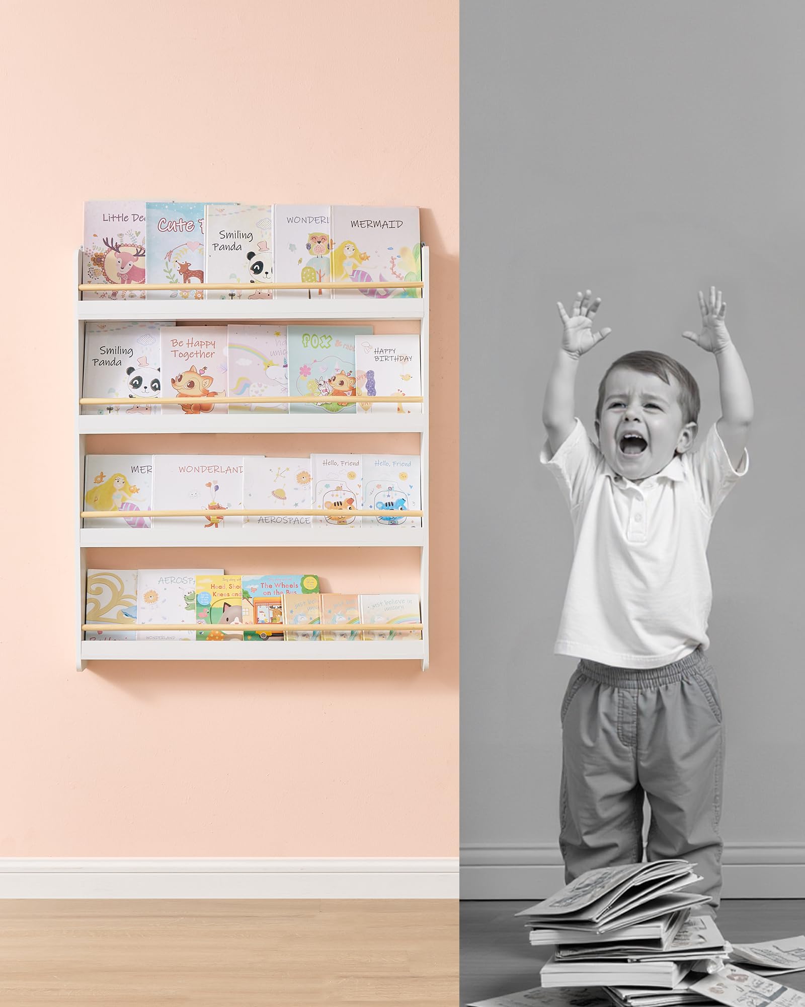 SONGMICS Kids Bookshelf - 4-Tier Wall Mounted Bookcase for Children | Pine Engineered Wood | Natural White 6