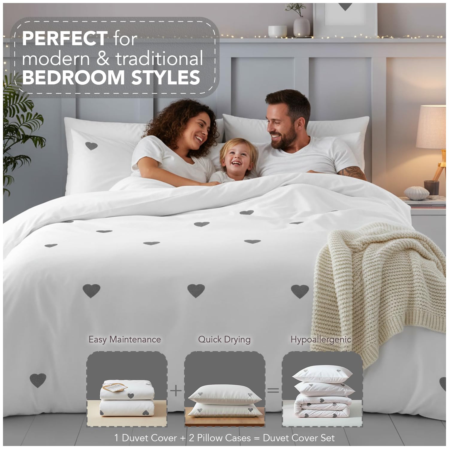GC GAVENO CAVAILIA Double Duvet Cover Set - Embroidered Heart | 50% Cotton/50% Poly | White/Charcoal 4