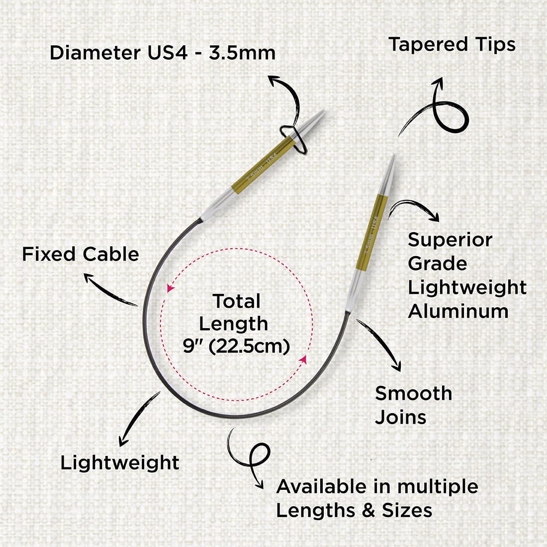 KnitPro Zing Fixed Circular Knitting Needles - 3.50mm (US 4) | 22.5cm Length | Lightweight Aluminium 3