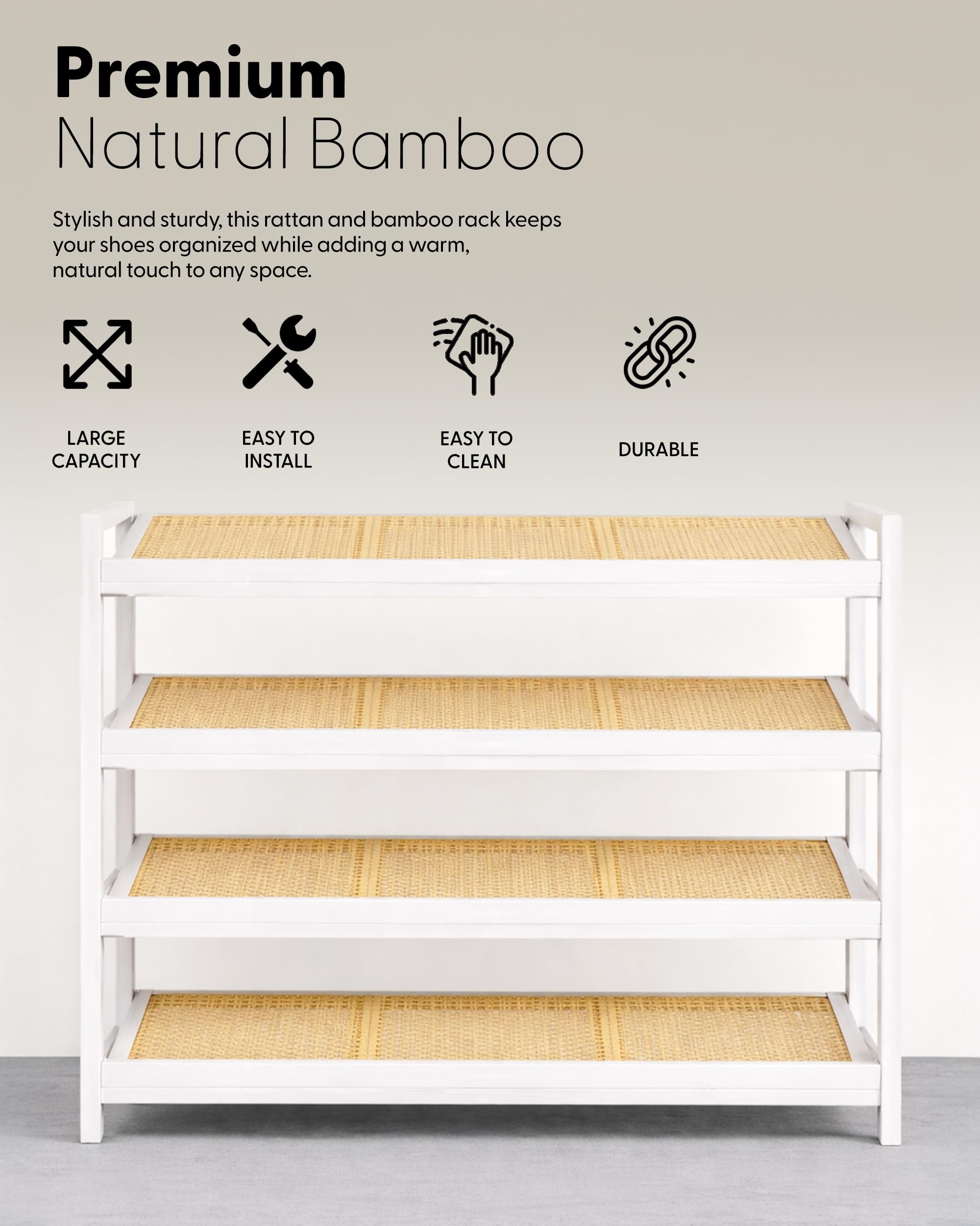 KEPLIN 4 Tier Bamboo and Rattan Shoe Rack | Compact Design | Holds 12 Pairs | Natural/White 6