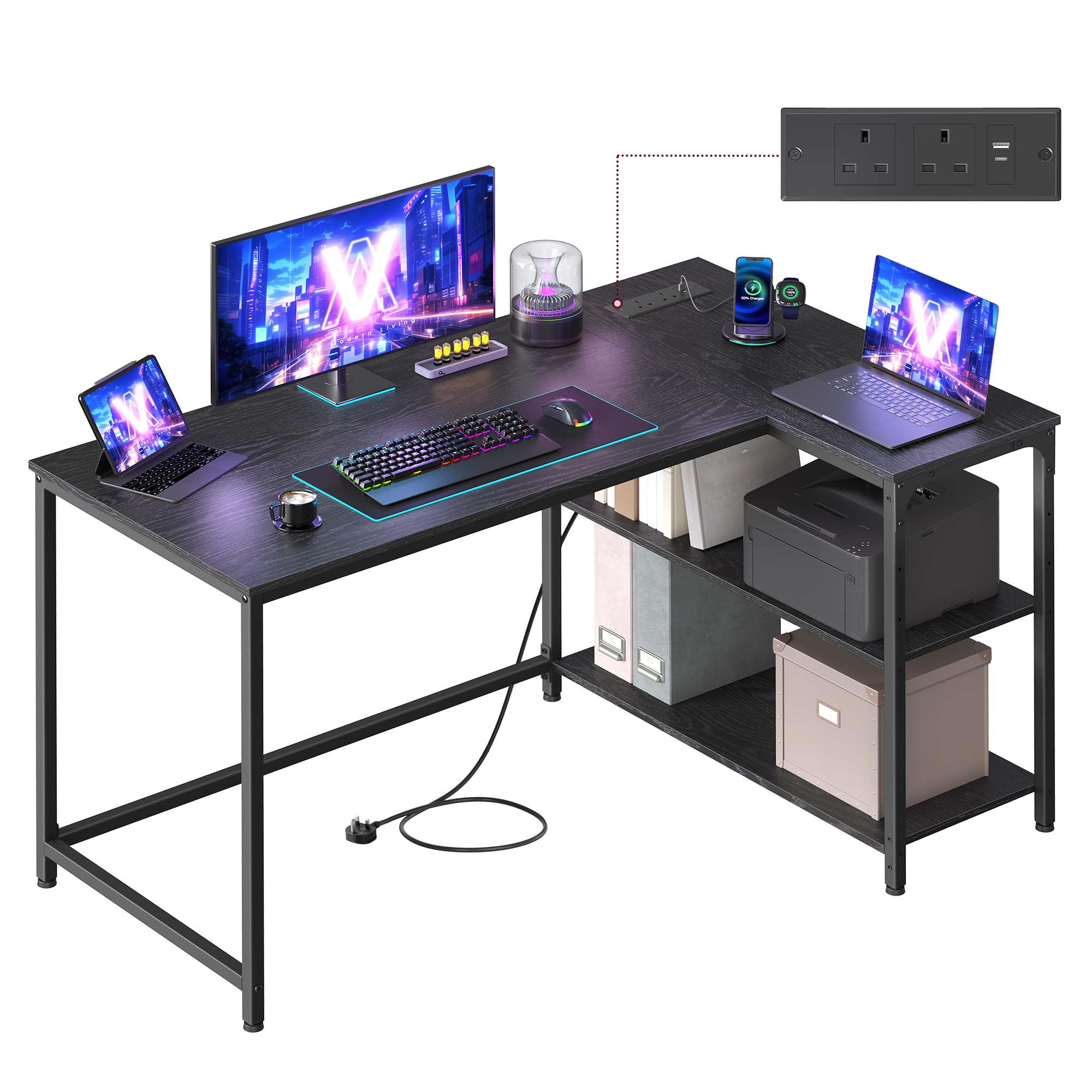 VASAGLE L-Shaped Computer Desk with Built-In Charging | 120 x 80 cm | Ebony Black