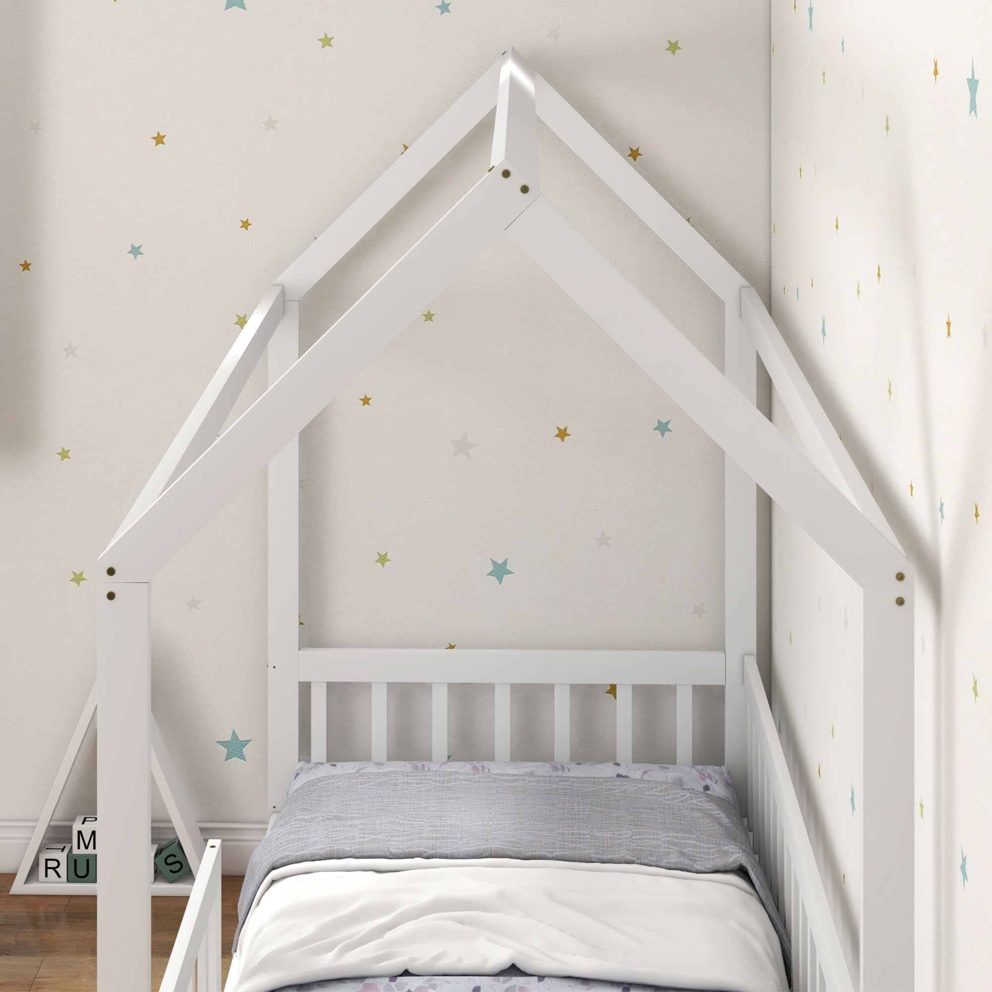 HOMCOM Toddler Bed Single House-Shaped Frame Solid Pine Wood White | 120kg Capacity 9