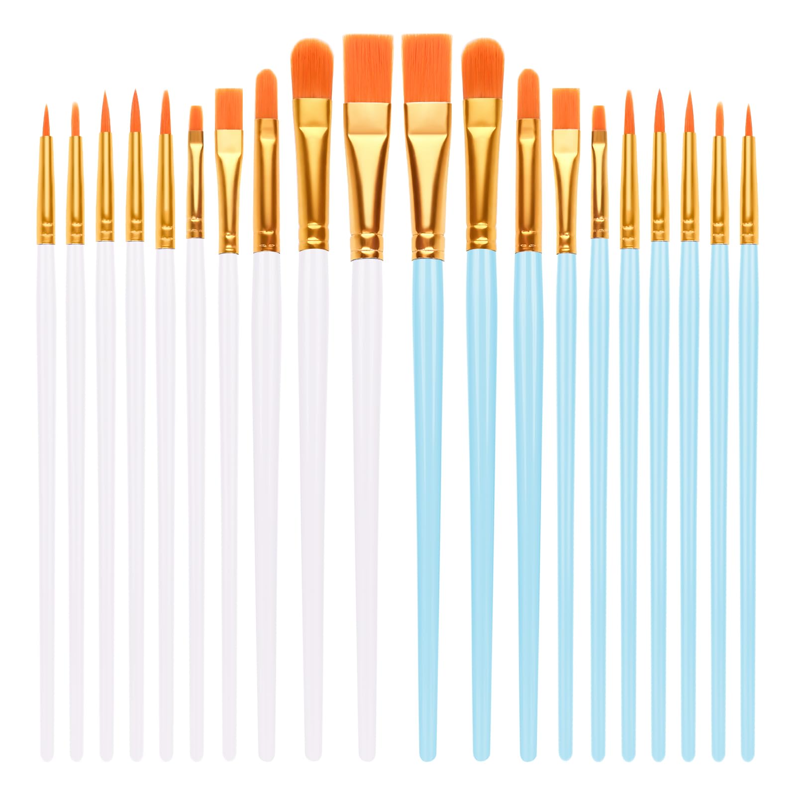 Admygo 20 PCS Nylon Hair Paint Brush Set - Flat, Round, Filbert Tips for Acrylic, Watercolor, Oil