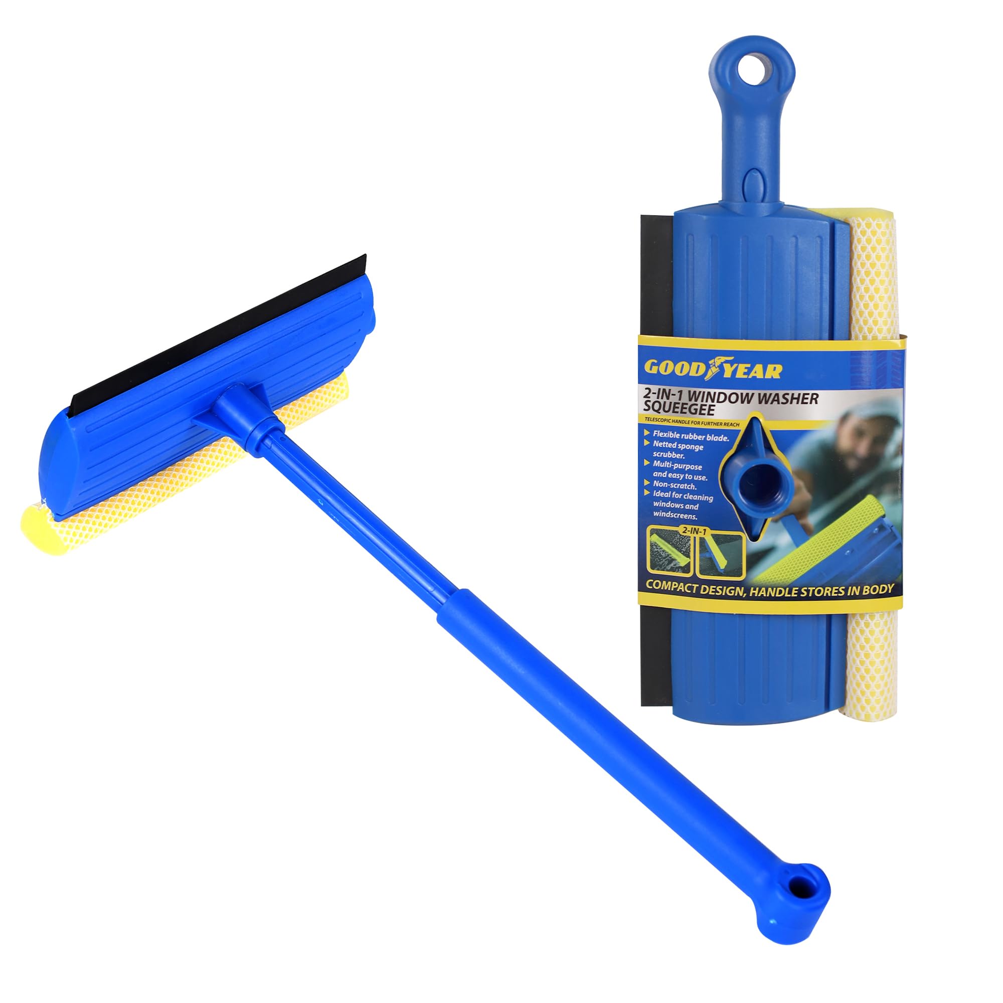 Goodyear 2 In 1 Window Squeegee | Flexible Rubber Blade | Netted Sponge Scrubber 1