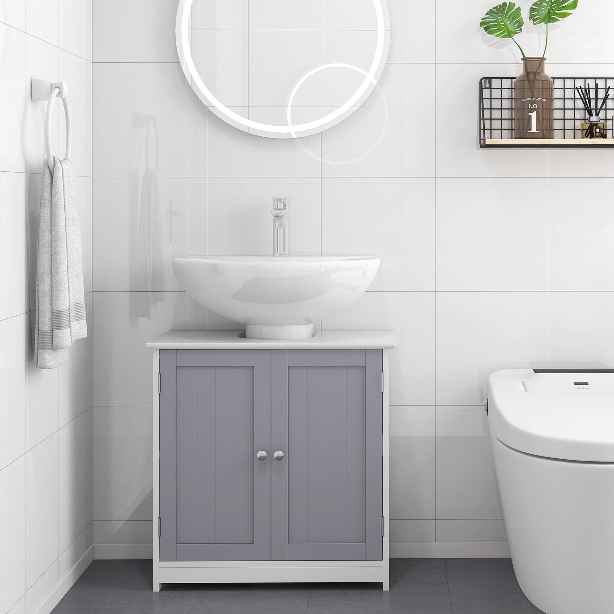 kleankin Freestanding Under Sink Bathroom Cabinet - 60H x 60L x 30Wcm | MDF | White/Grey 7