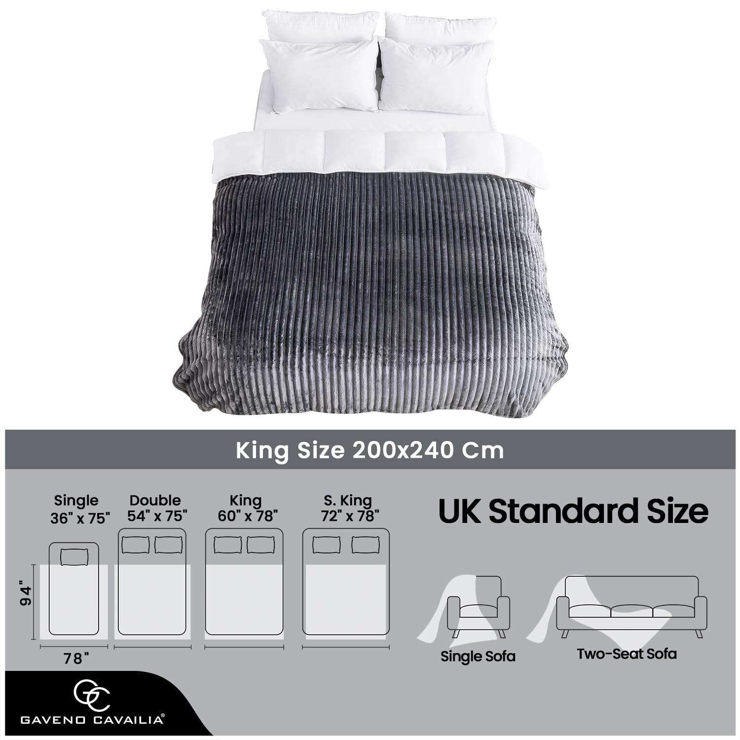 GC GAVENO CAVAILIA Ribbed Fleece Throw Blanket - Charcoal | King Size 200x240 cm | 100% Polyester 6