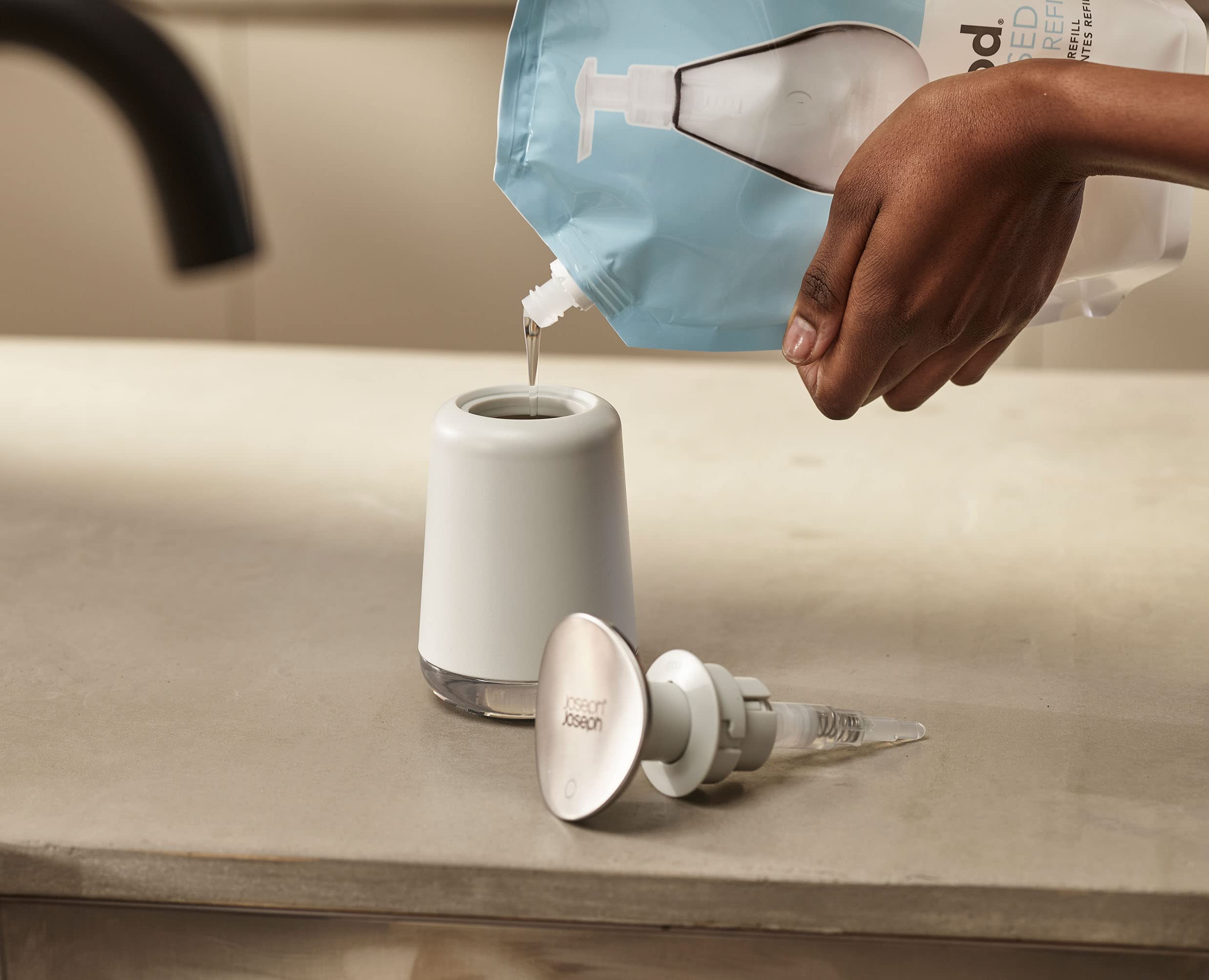 Joseph Joseph Presto Hygienic Soap Pump Dispenser - Refillable | Stone/Sage | Stainless Steel 4