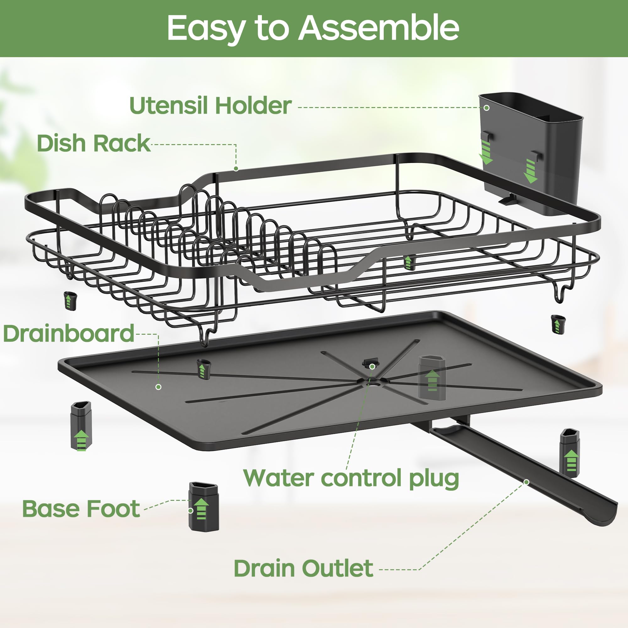 Rottogoon Space-Saving Dish Drainer Rack | Black 1-Tier | Anti-Rust Iron | Includes Drip Tray & Utensil Holders 5