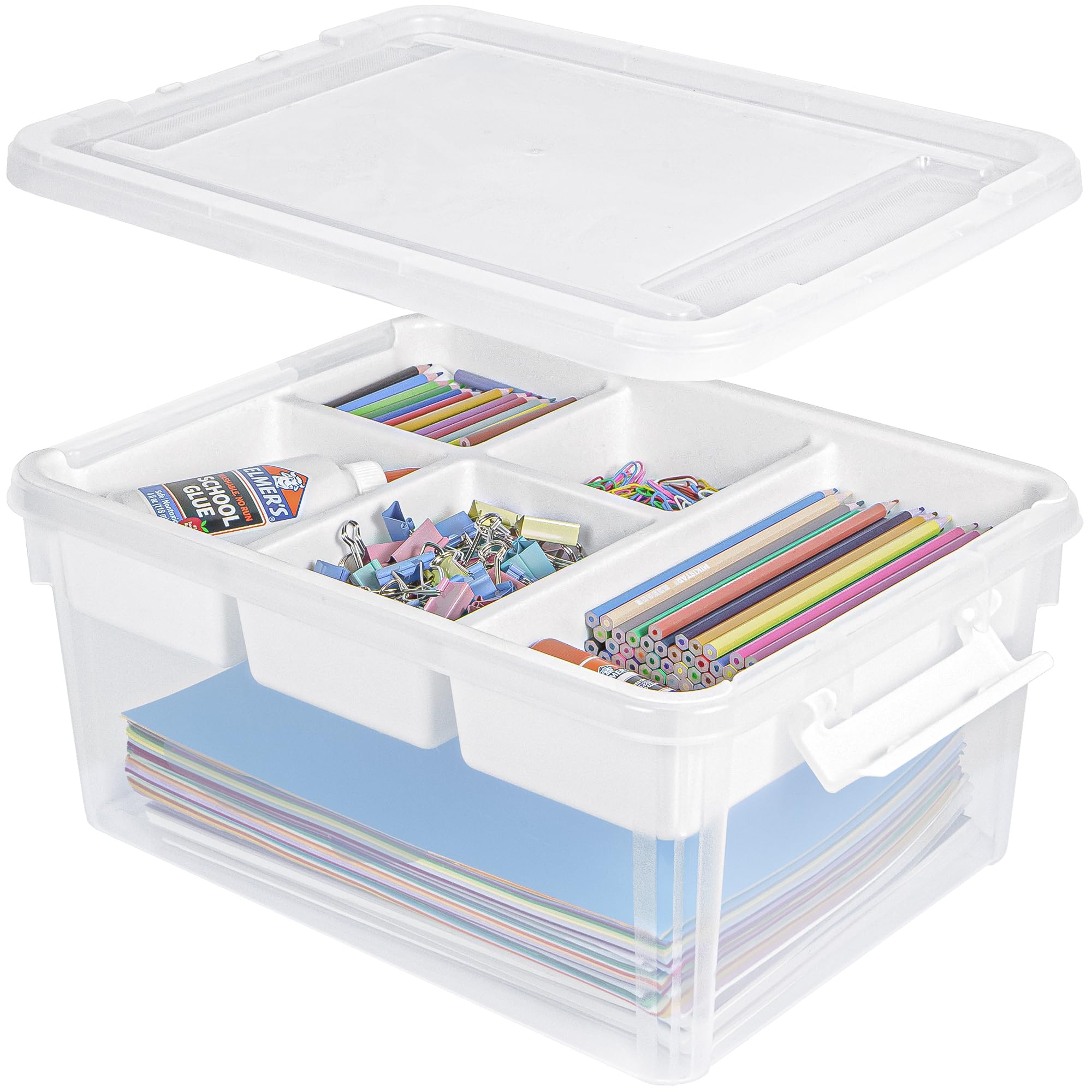 Creahaus 16L Storage Box with Removable 5-Compartment Tray | Stackable, White Plastic