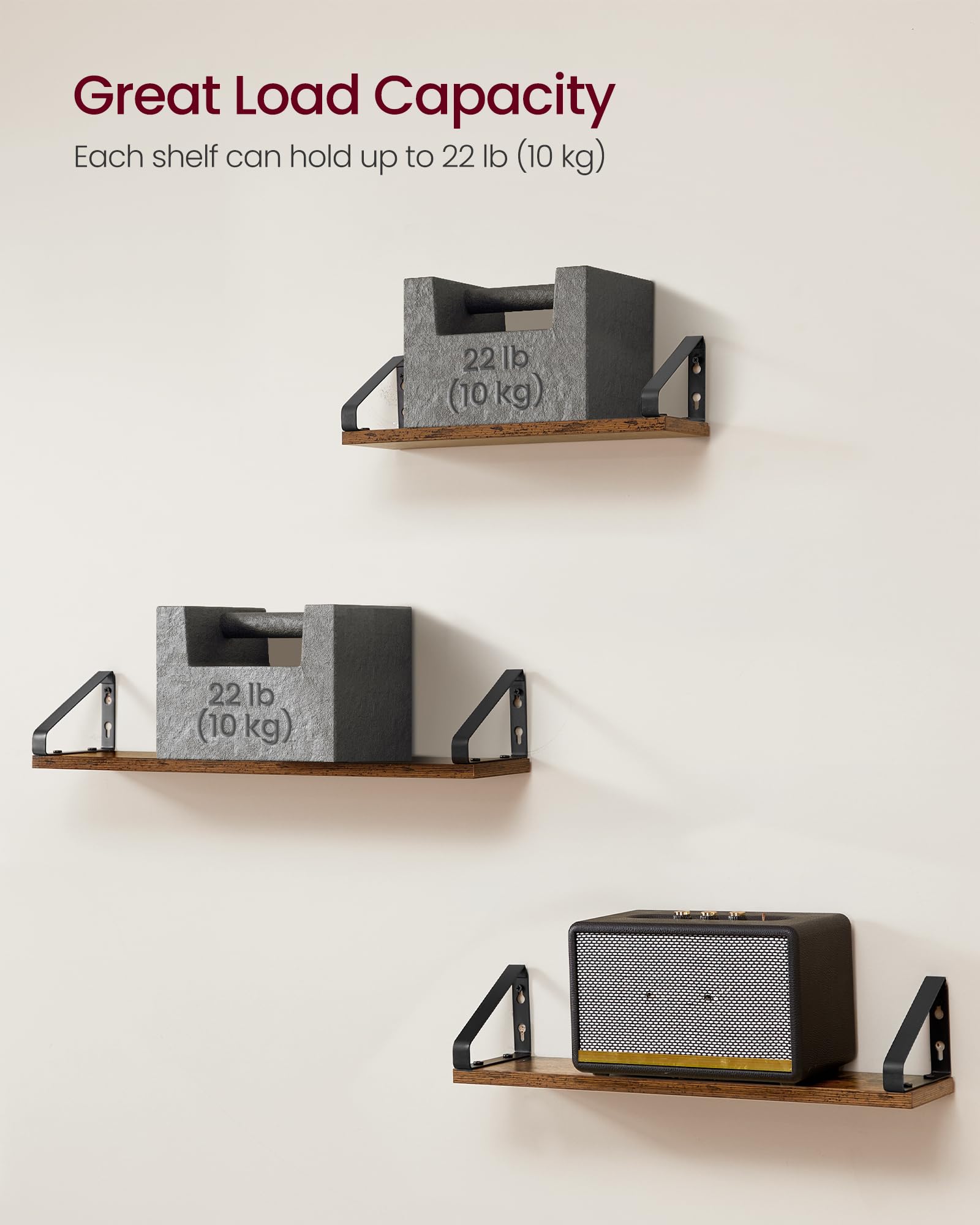 VASAGLE Floating Wall Shelves - Set of 3 (40/50/60 cm) | Rustic Brown & Matte Black | Holds 10 kg Each 5