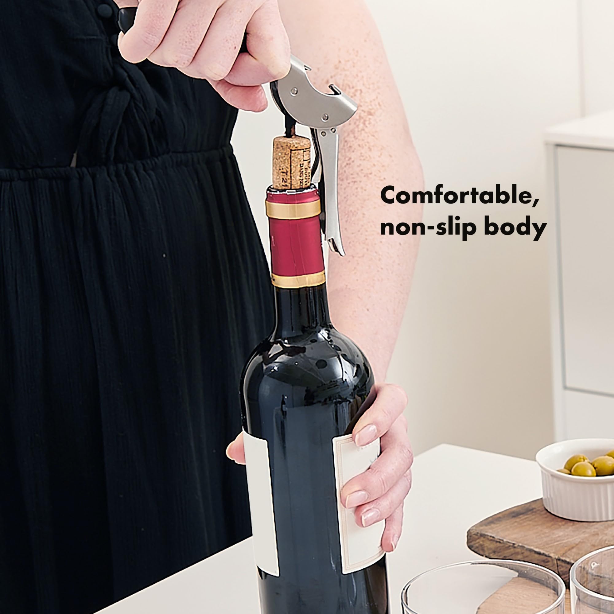 OXO Steel Double Lever Waiter's Corkscrew - Stainless Steel, Non-Stick Screw, Built-in Bottle Opener | Silver/Black 5