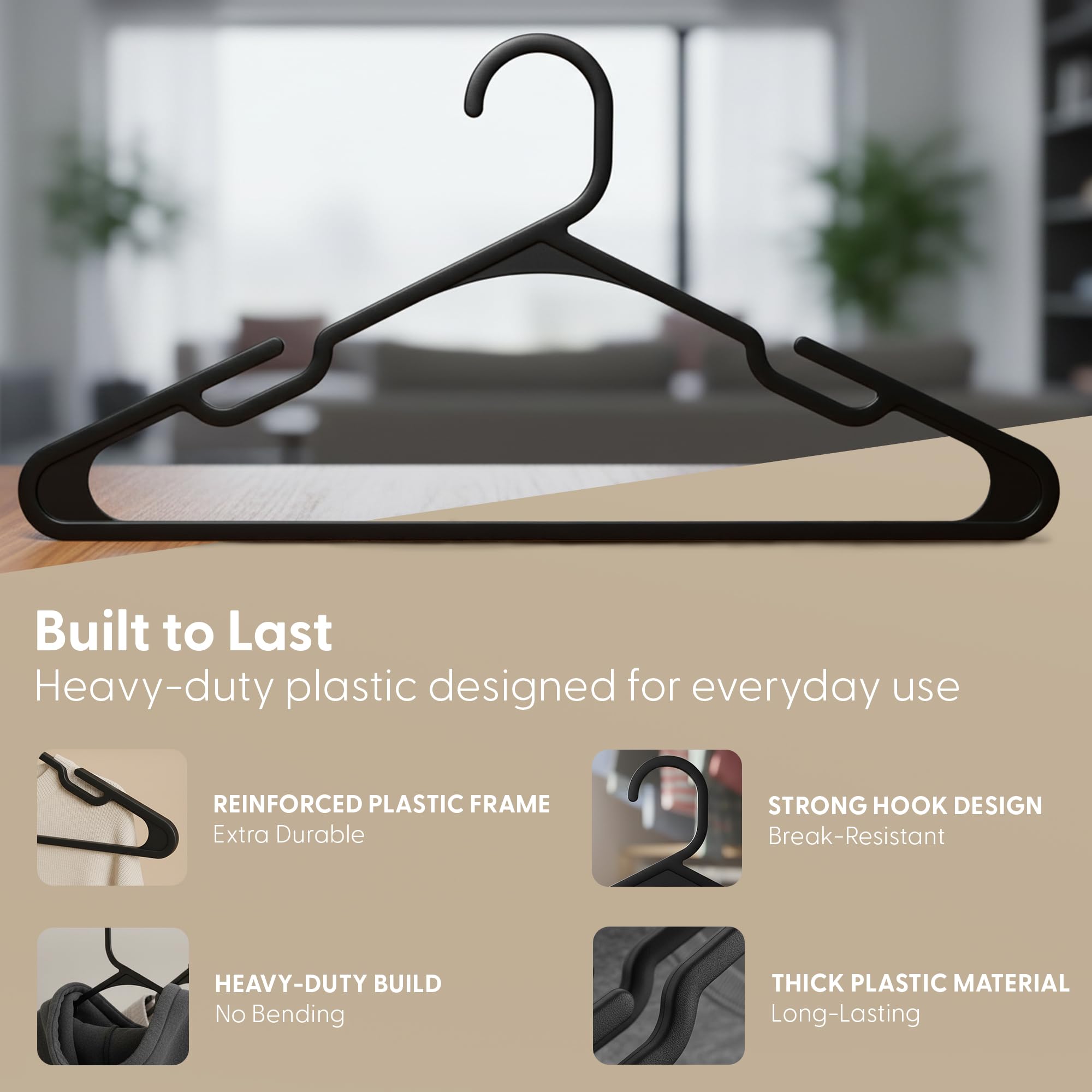 KEPLIN Plastic Clothes Hangers - 25 Pack Slim Durable Coat Hangers | Anti-Slip Grooves | Black