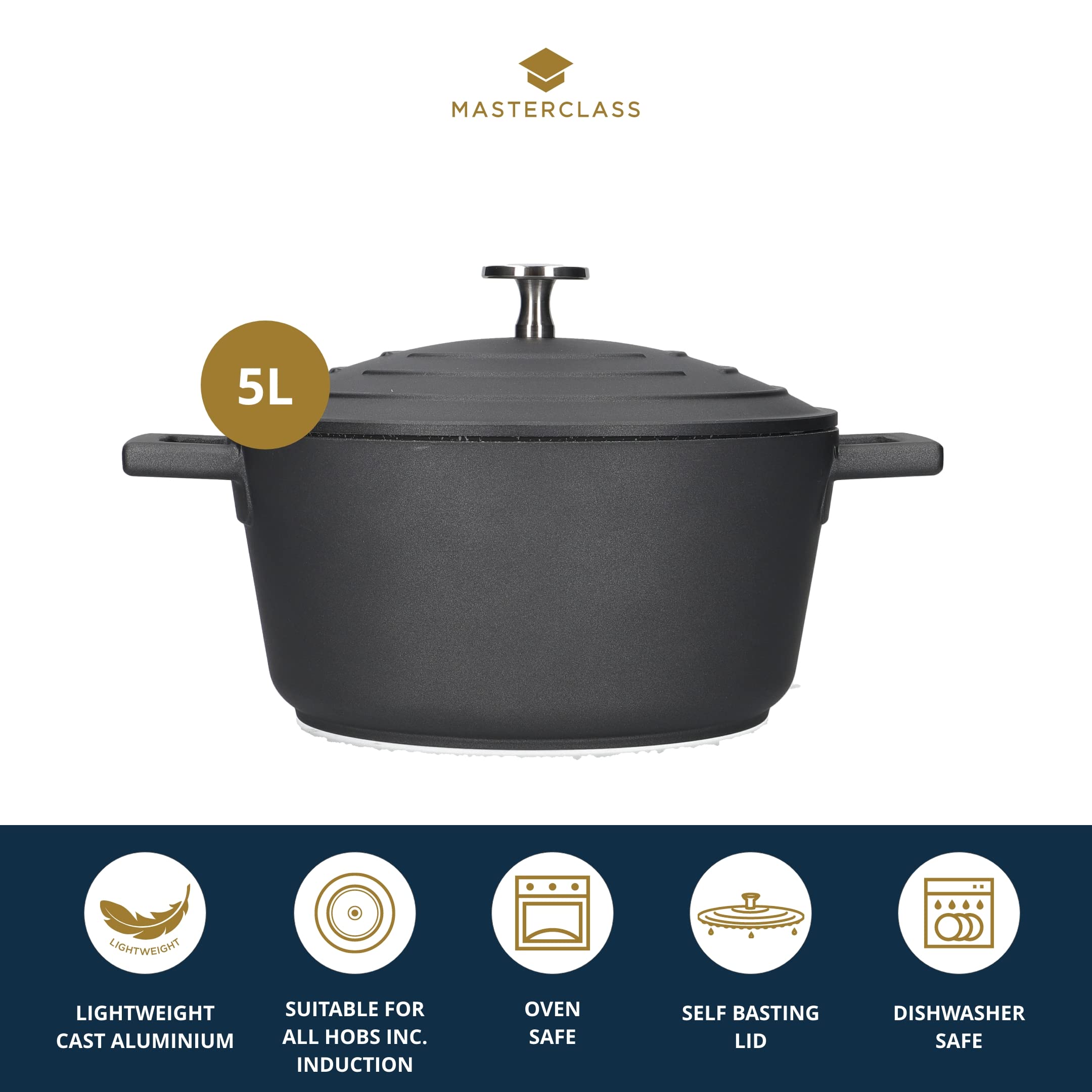 MasterClass Cast Aluminium Casserole Dish with Lid - 5L/28 cm, Lightweight, Induction Safe, Black 3