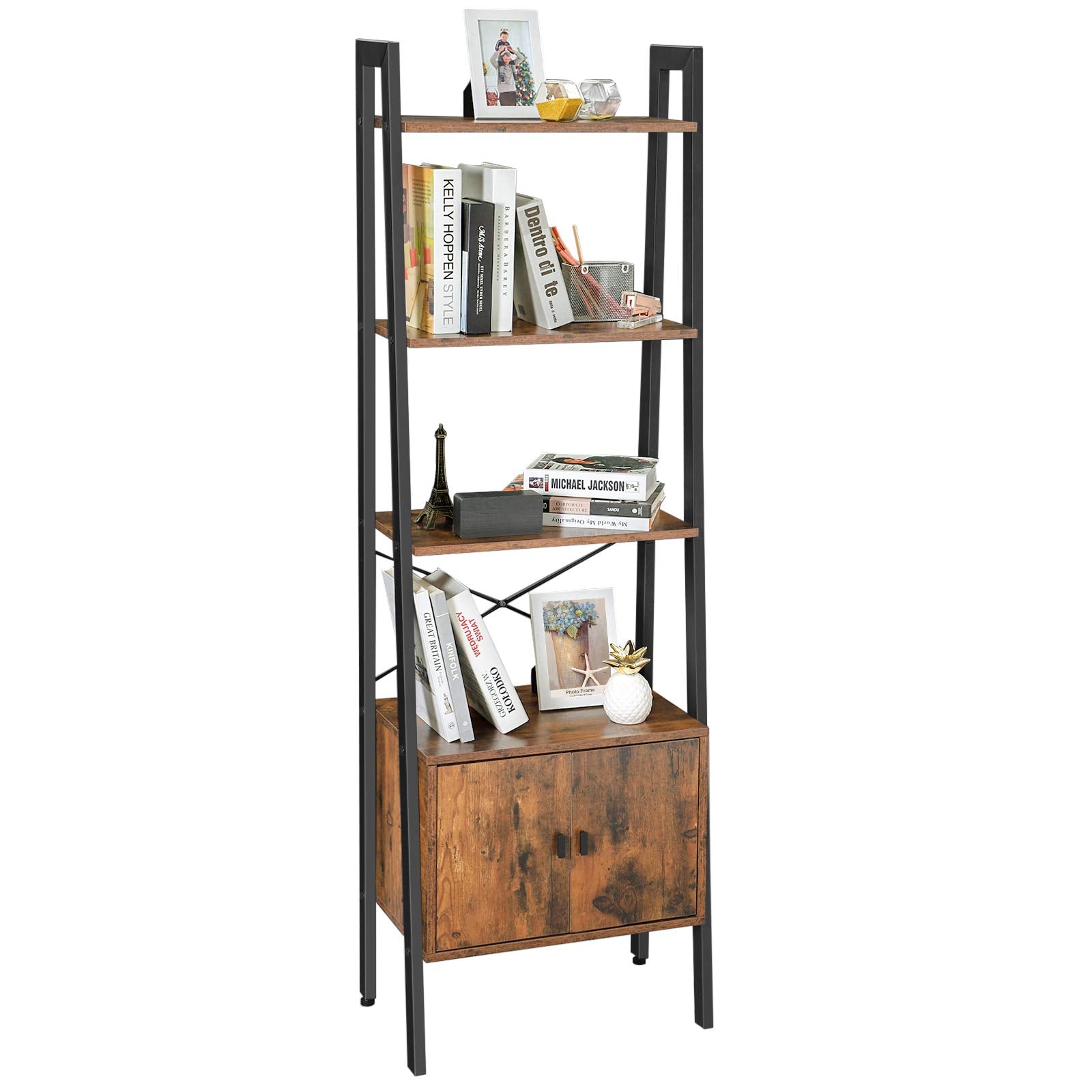 VASAGLE Shelf Ladder Bookcase - 4 Tiers with Cupboard | Industrial Style | Rustic Brown 1