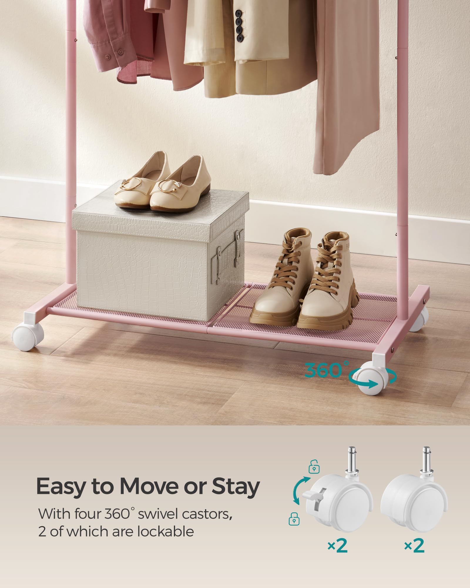 SONGMICS Clothes Rack on Wheels - Metal Rail with Storage Shelf | Pink | 74L cm 5