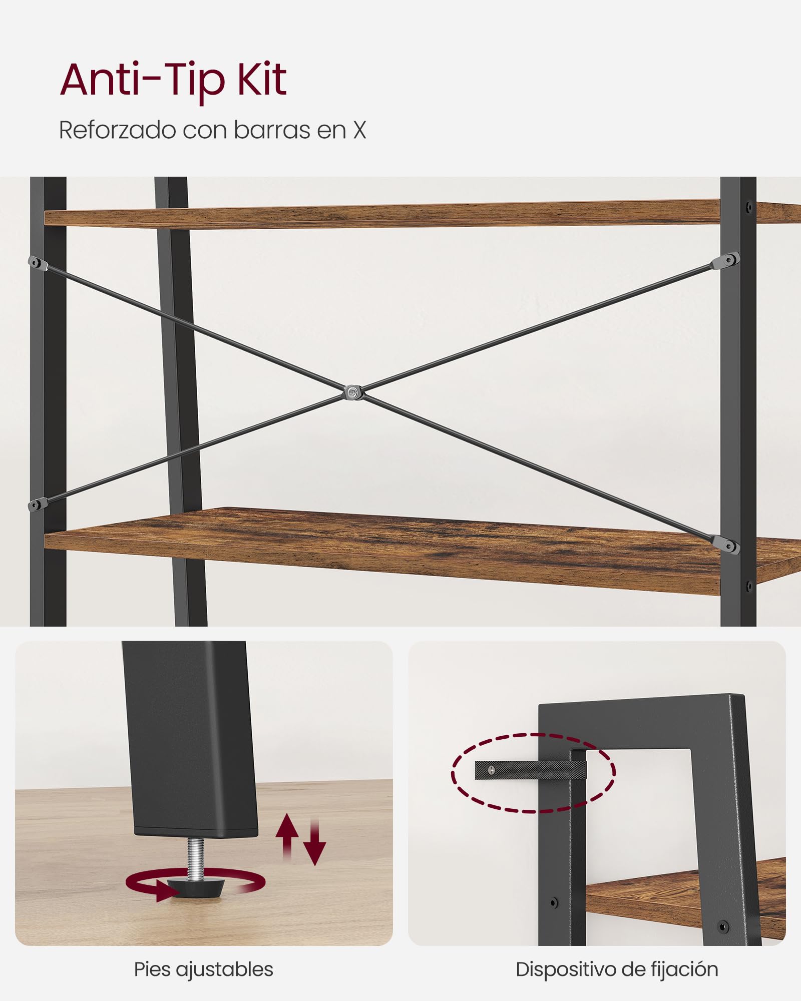 VASAGLE 4-Tier Ladder Shelf Bookcase - Industrial Style, Steel Frame, Rustic Brown & Black | 80 cm Wide 7