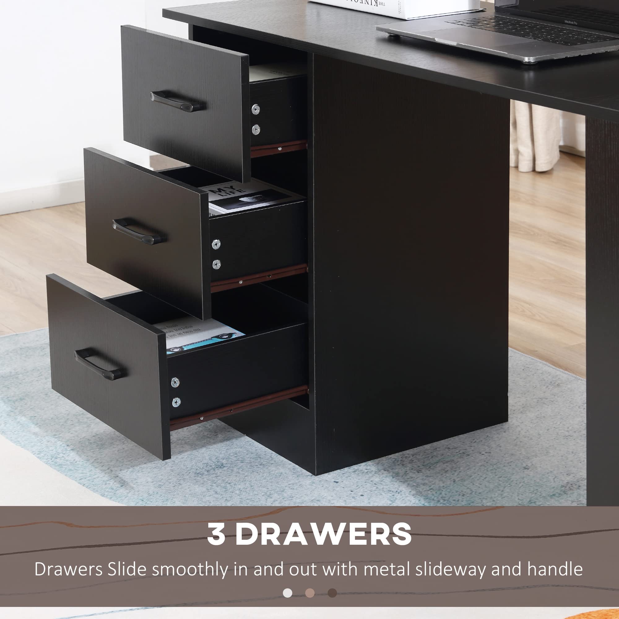 HOMCOM Computer Desk with Drawers and Shelves - Reversible Layout | 120 x 49 cm | Black 5