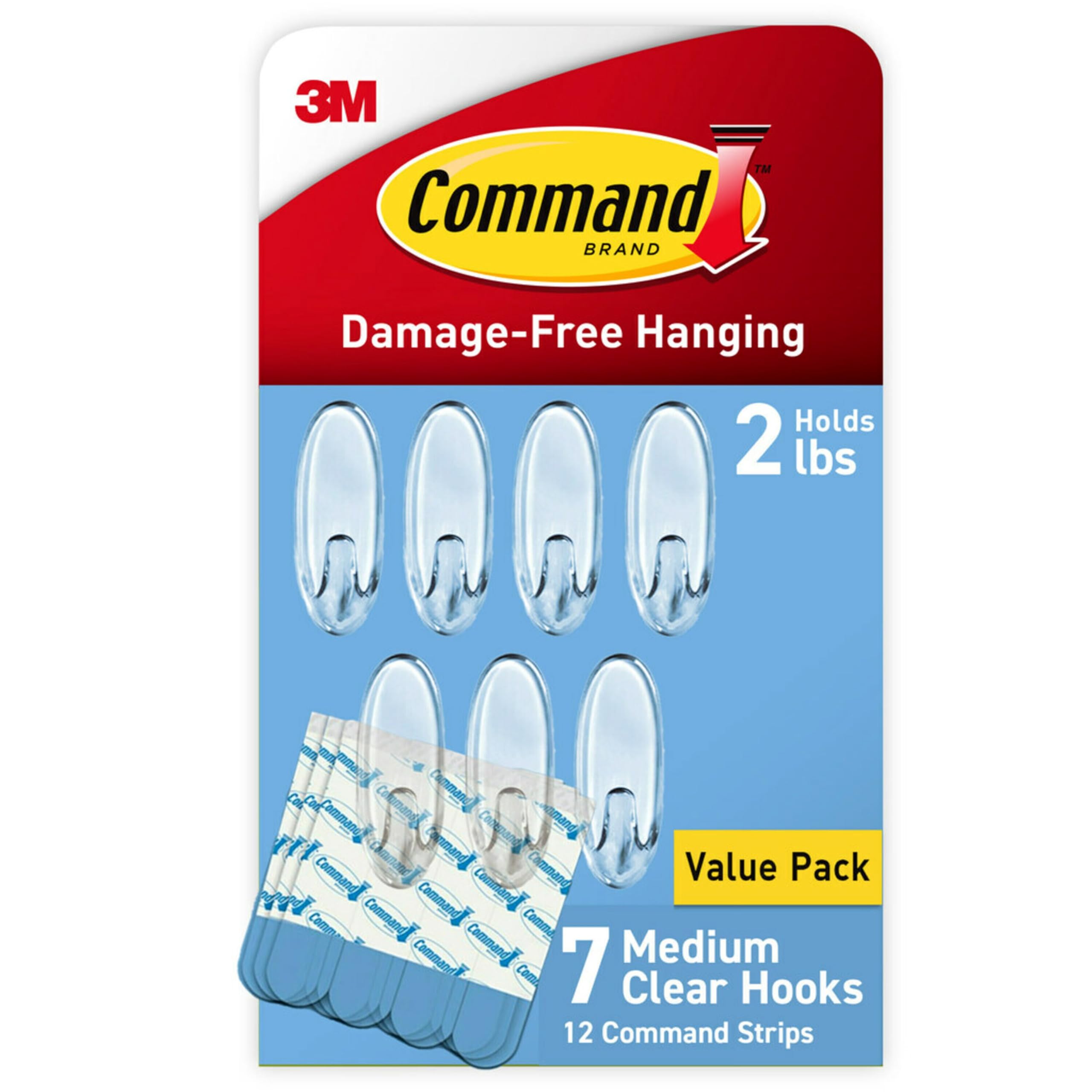Command Clear Medium Wall Hooks - Damage-Free Hanging | Holds 2 lbs | 7 Hooks & 12 Strips 1