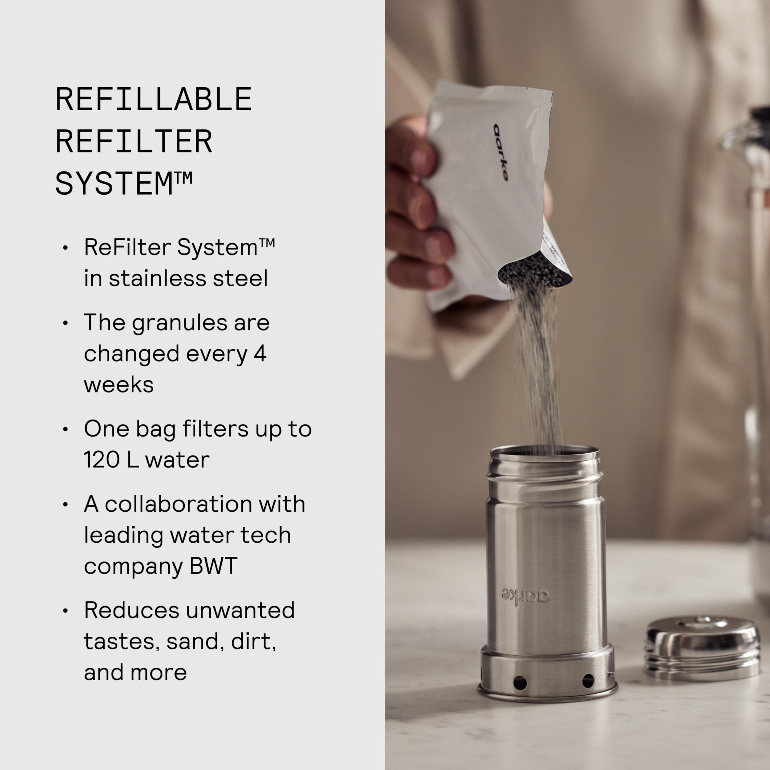 aarke Purifier Large Water Filter Jug - 1.7L Filtered Capacity | Glass & Steel | Filter Change Indicator 8