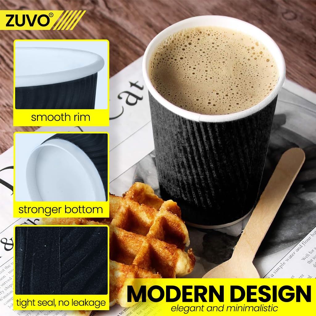Zuvo Disposable Takeaway Coffee Cups - 12 OZ Black Ripple, 100 Count | Leak Proof | Non-Slip 5