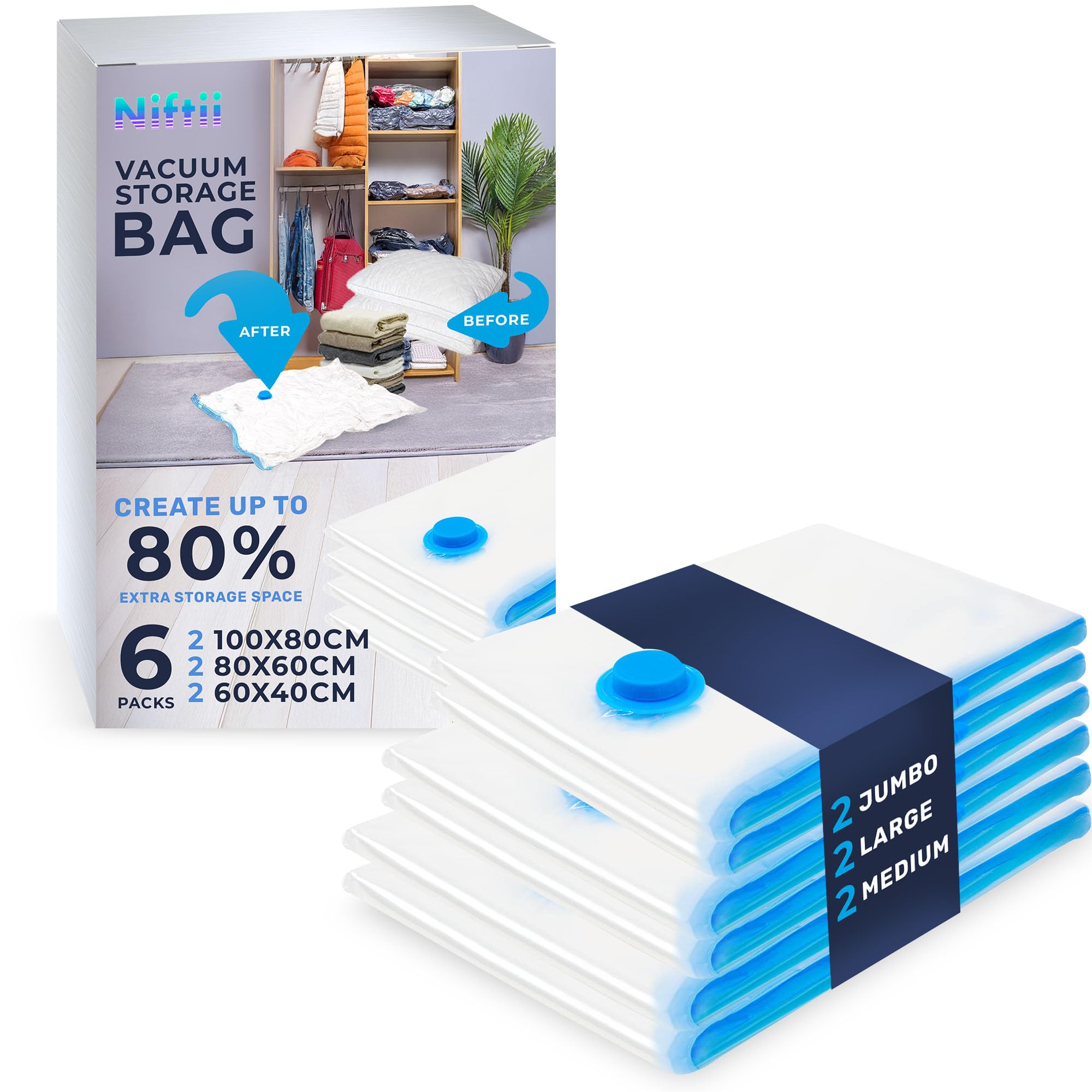 Niftii Vacuum Storage Bags - 6 Pack Mixed Sizes | Up to 80% Space Saving | Reusable & Waterproof 1