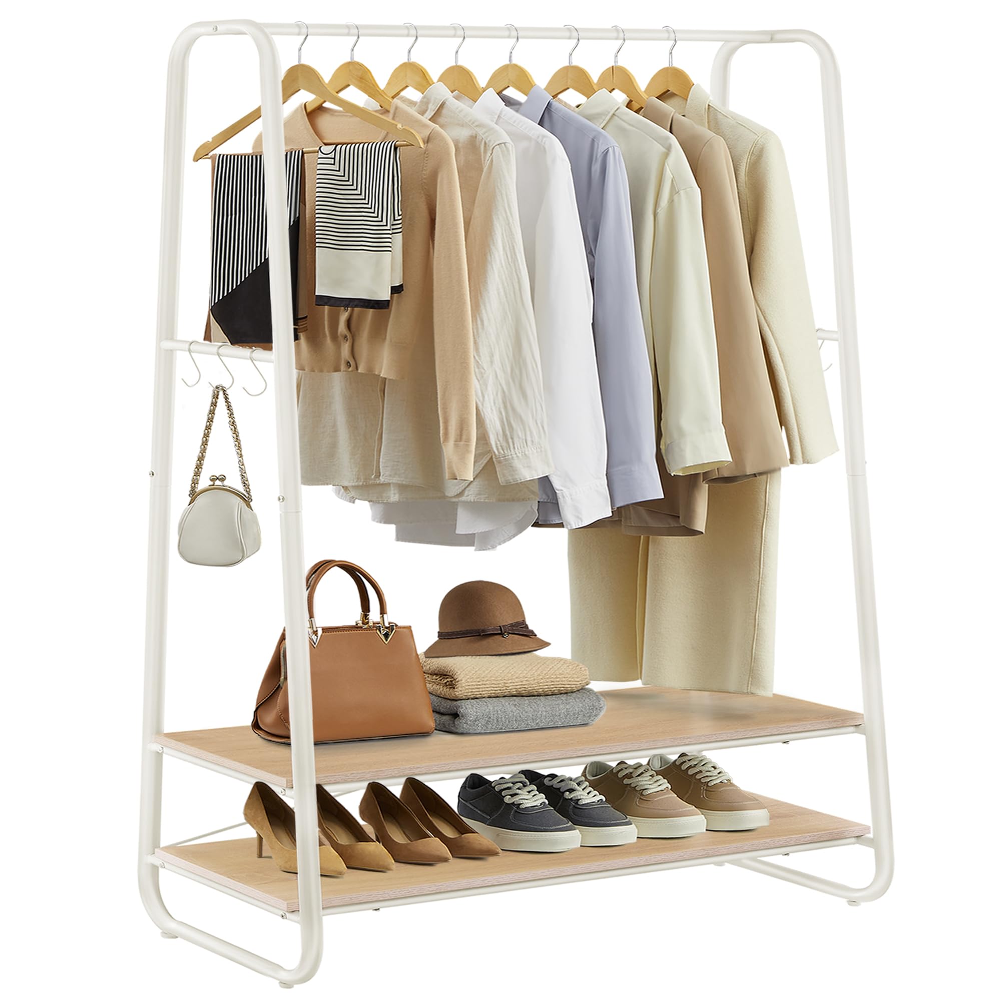 VASAGLE Clothes Rail with 2 Shelves and 6 S-Hooks | Oak + Cream White | 45 x 100 x 160 cm