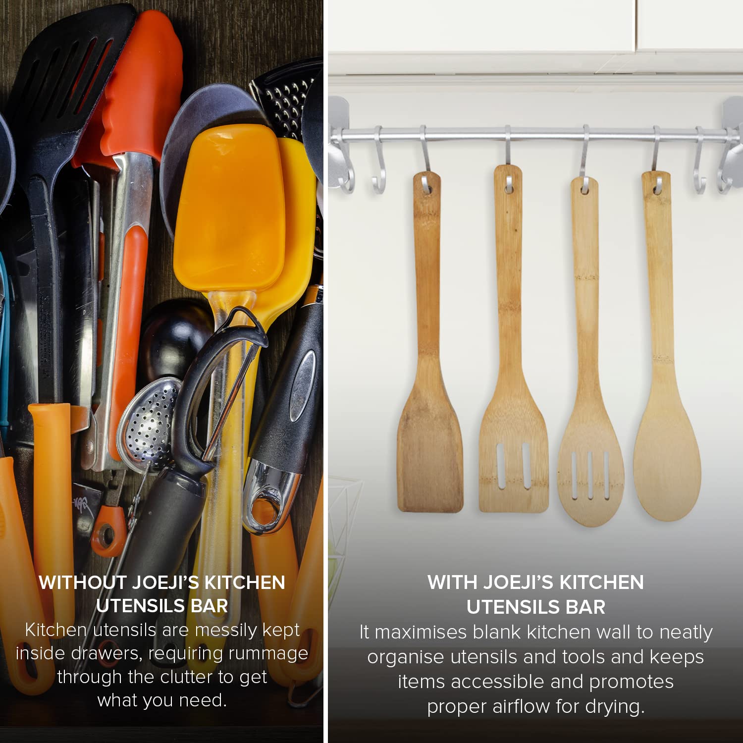 joeji's Kitchen Aluminium Utensil Rack 40cm - 8 Movable Hooks | Drill-Free Installation | Silver 4